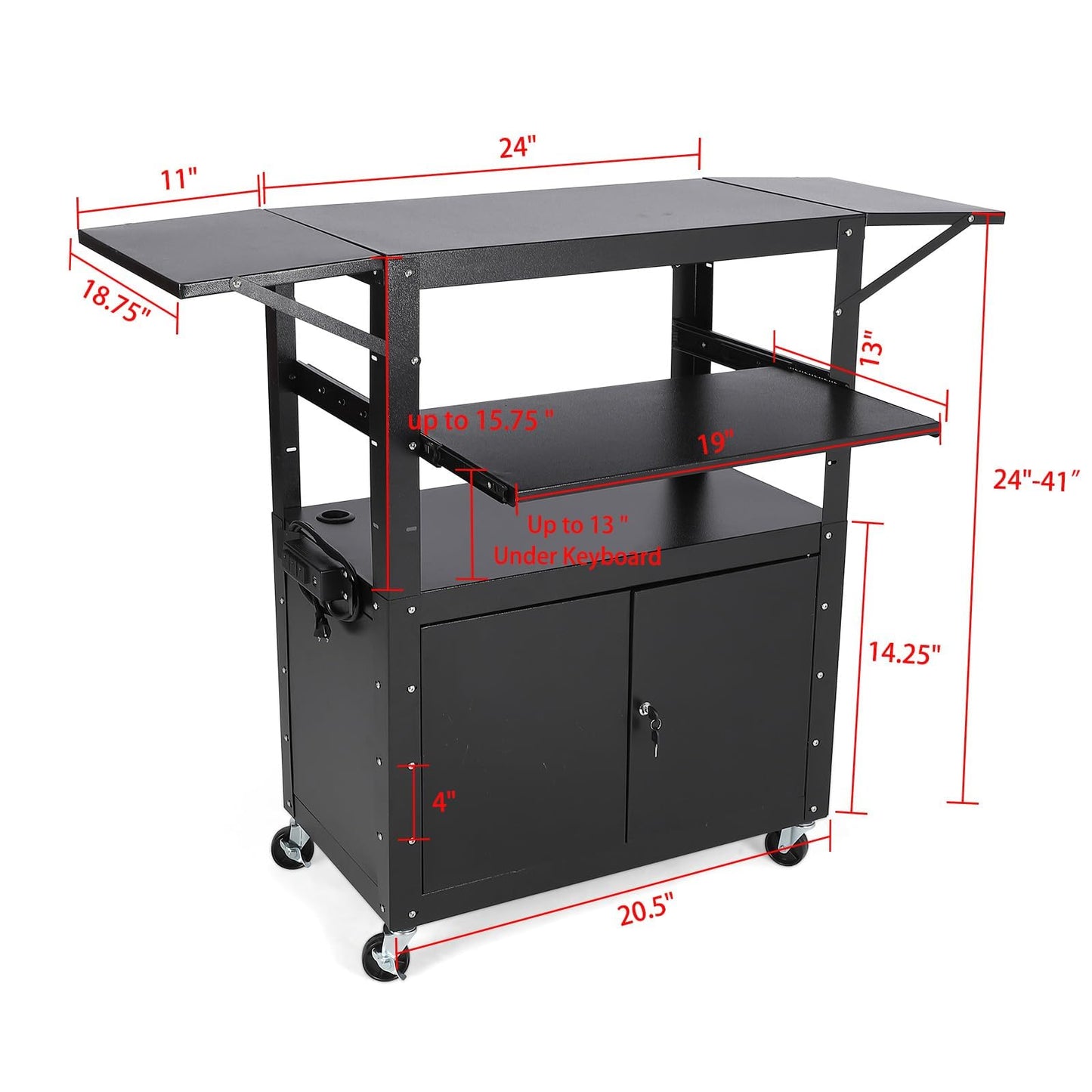 GAOMON Rolling AV Cart with Locking Cabinet, Laptop Stand, and Drop Leaves, Height Adjustable Mobile Utility Cart Workstation with Extra Storage Space, Power Strip
