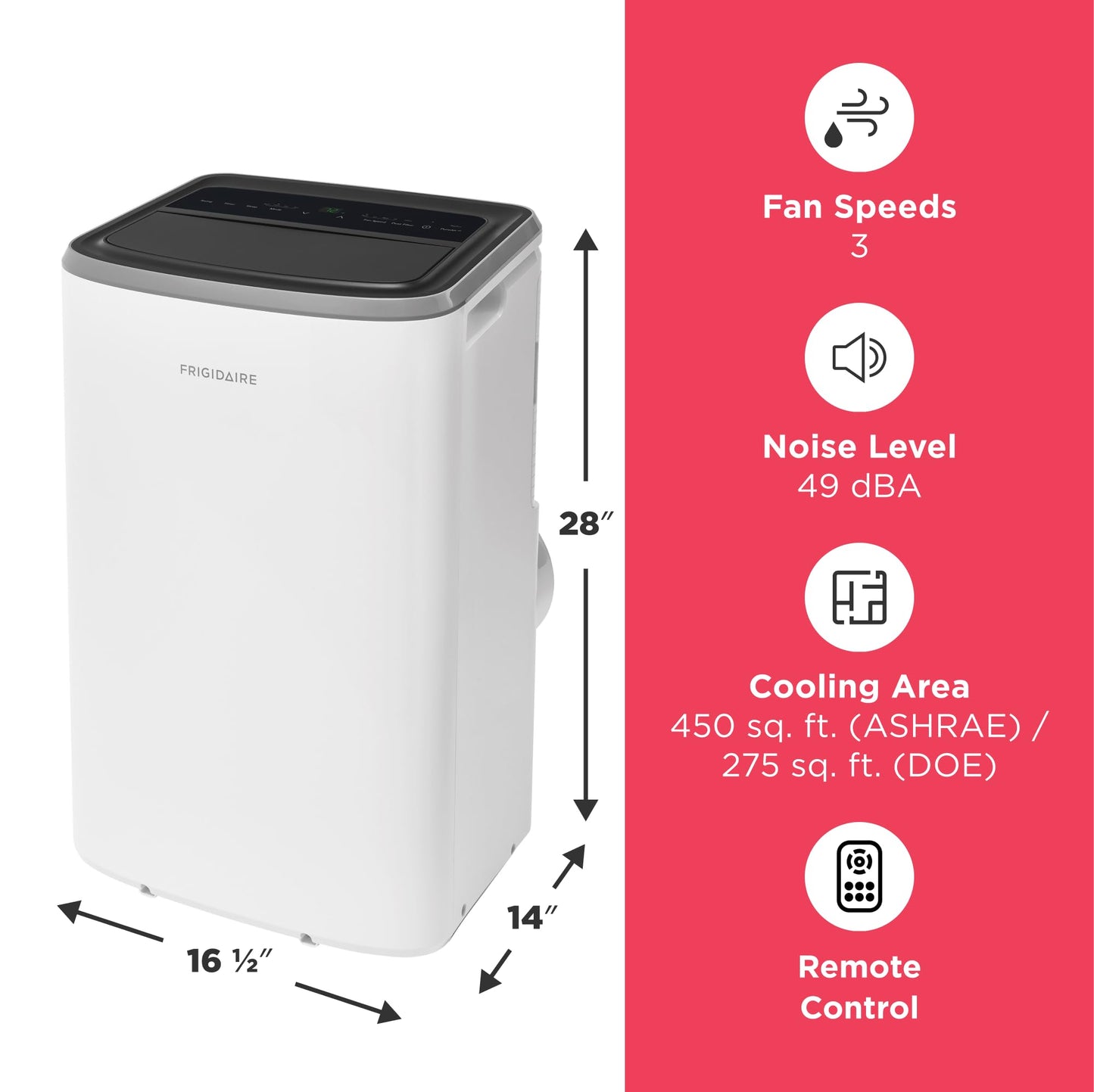 Frigidaire 3-in-1 Portable Room Air Conditioner 10,000 BTU (ASHRAE) / 6,500 BTU (DOE), Cools Up to 450 Sq. Ft., Quiet Operation, Dehumidifying Dry Mode, White