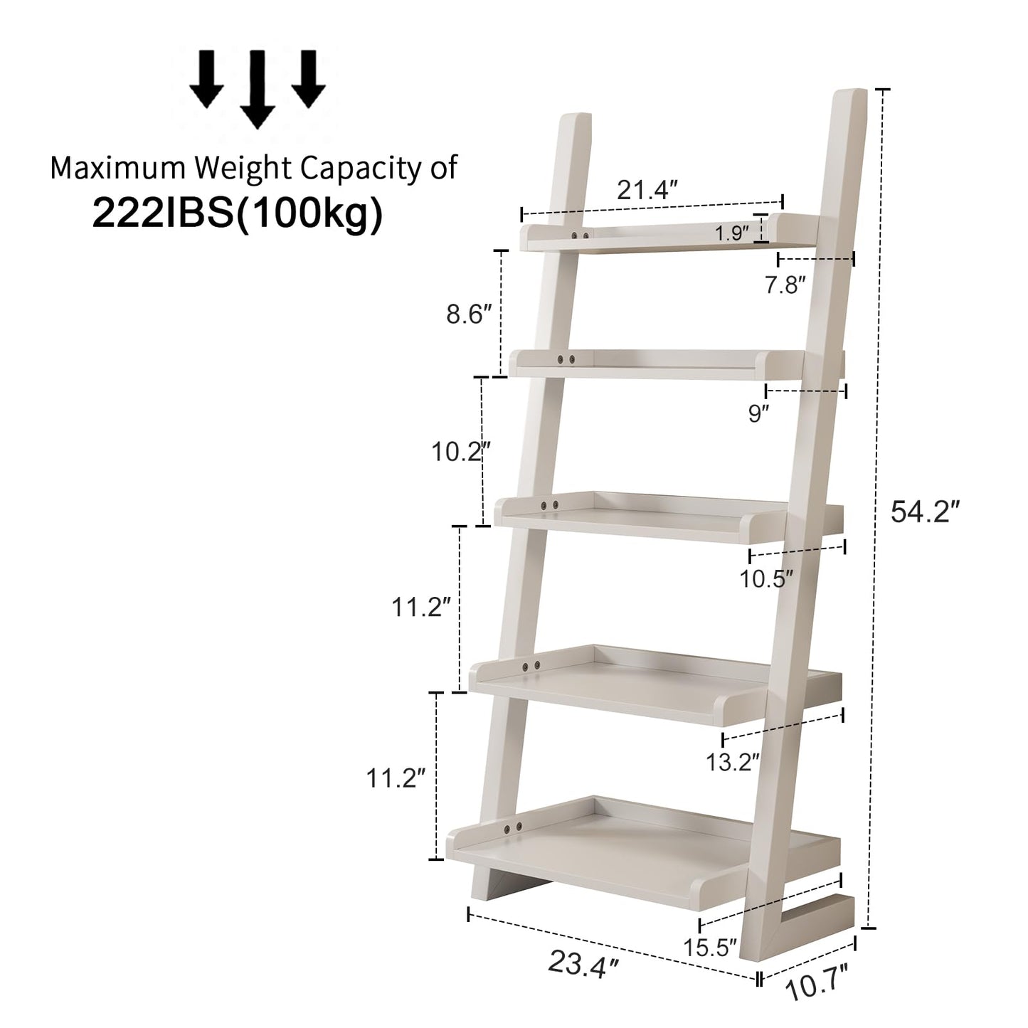 AQIMUELE White Wooden Ladder Shelf with Edges, 5-Tier Modern Leaning Bookshelf Ladder – Stylish Space-Saving Bookcase for Living Room, Bedroom & Home Office
