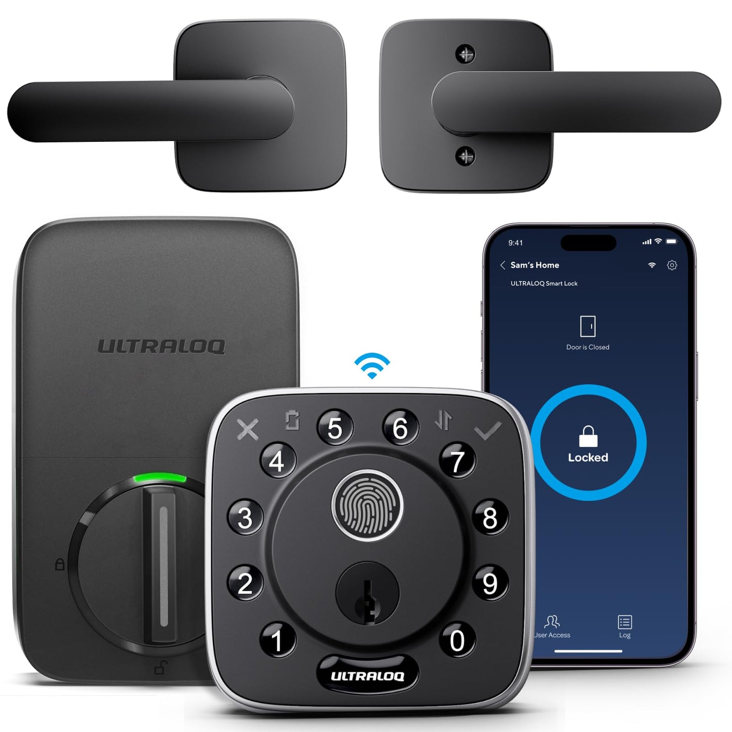 ULTRALOQ Bolt Fingerprint WiFi Smart Locks for Front Door with Door Sensor, Works with Apple Home, Alexa, Google, Keypad Door Lock with Handle, App Remote Access, Geofence Auto Unlock, Auto-Lock