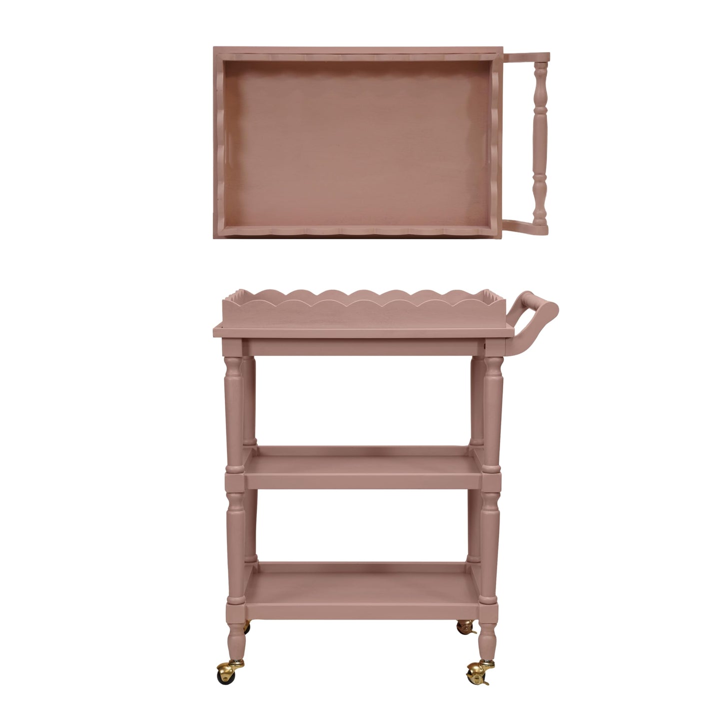 Creative Co-Op 3-Tier Bar Cart on Casters with Removable Scalloped Tray, Pink