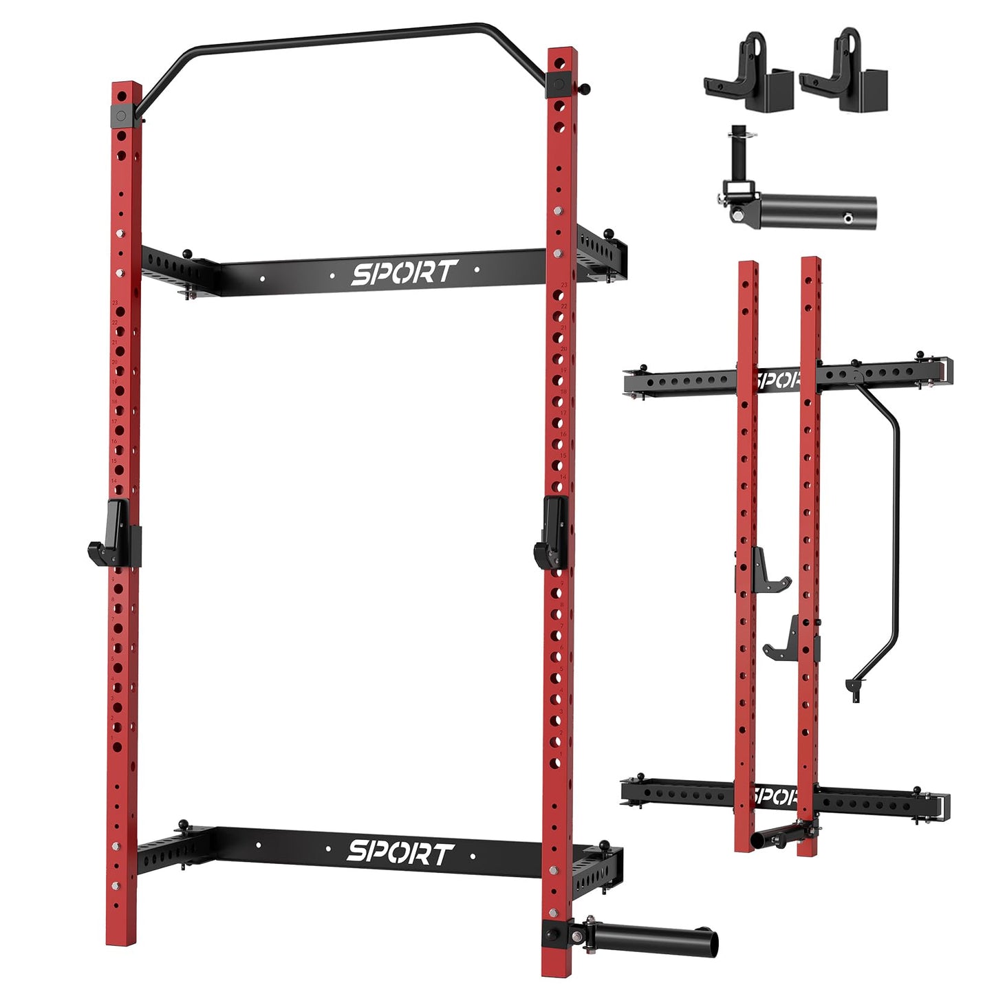 Garvee Folding Squat Rack for Home Gym, 2.36 in x 2.36 in Wall Mounted Foldable Squat Rack with Pull Up Bar, J Hooks and Landmine Attachments, 1000 LBS Capacity Space Saving Weight Power Cage