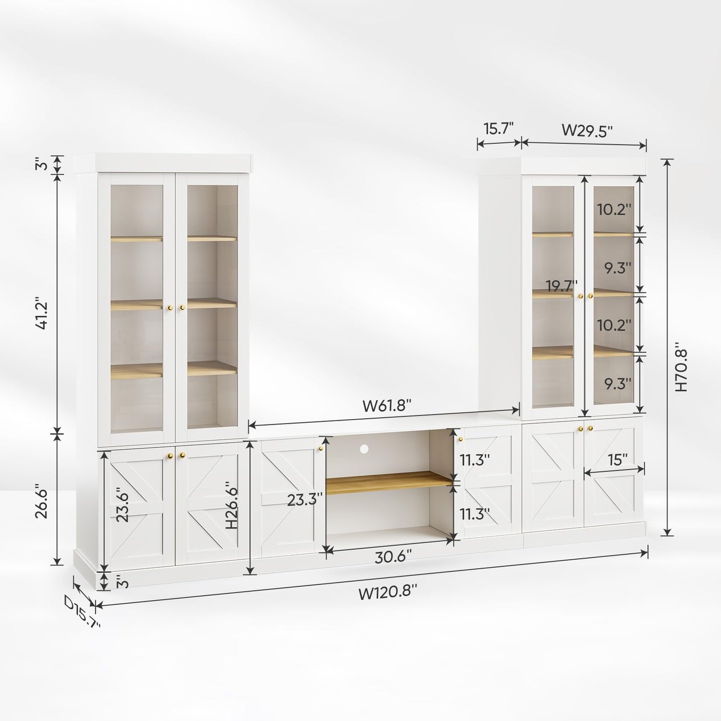 ivaniti 3-Piece Farmhouse Entertainment Center Wall Unit, White TV Stand with 2 Tall Bookcases, 61.8" Media Console with Sliding Barn Doors, 71" Bookshelves with Glass Doors and Adjustable Shelves
