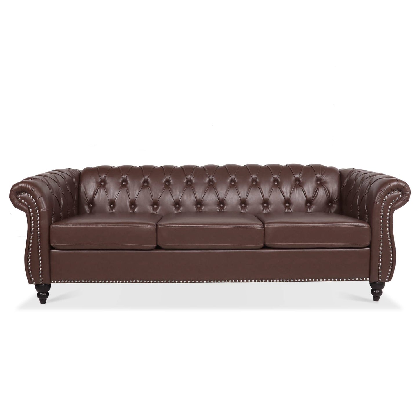 Ball & Cast 84" Chesterfield Leather Sofa with Channel Tufted Seat Back,Classic 3 Seater Couch w/Roll Arm Nailhead Trim and Upholstered,Mid Century Furniture for Living Room,Office,Dark Brown PU