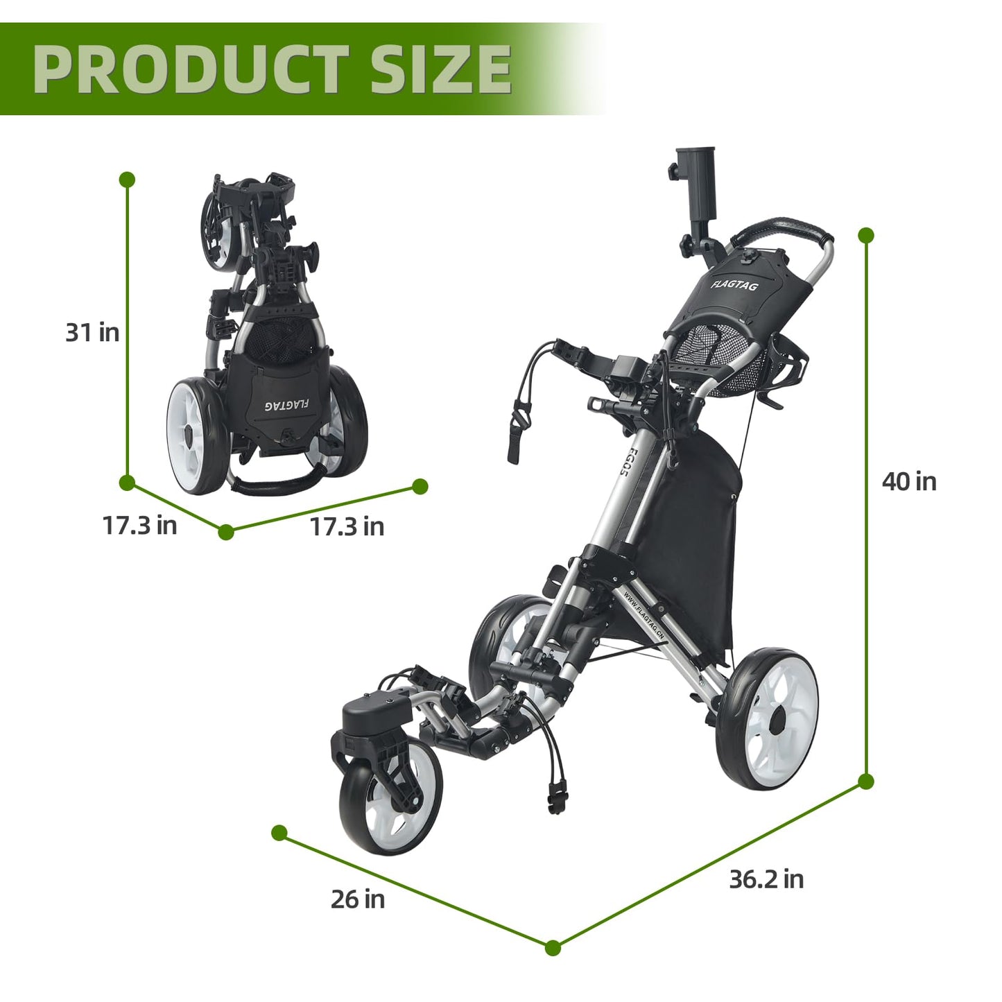FLAGTAG Golf Push Cart 3 Wheel with 360 Swivel Front Wheel,Lightweight and Foldable Walking Golf Cart，One-Click Foldable,with Foot Brake