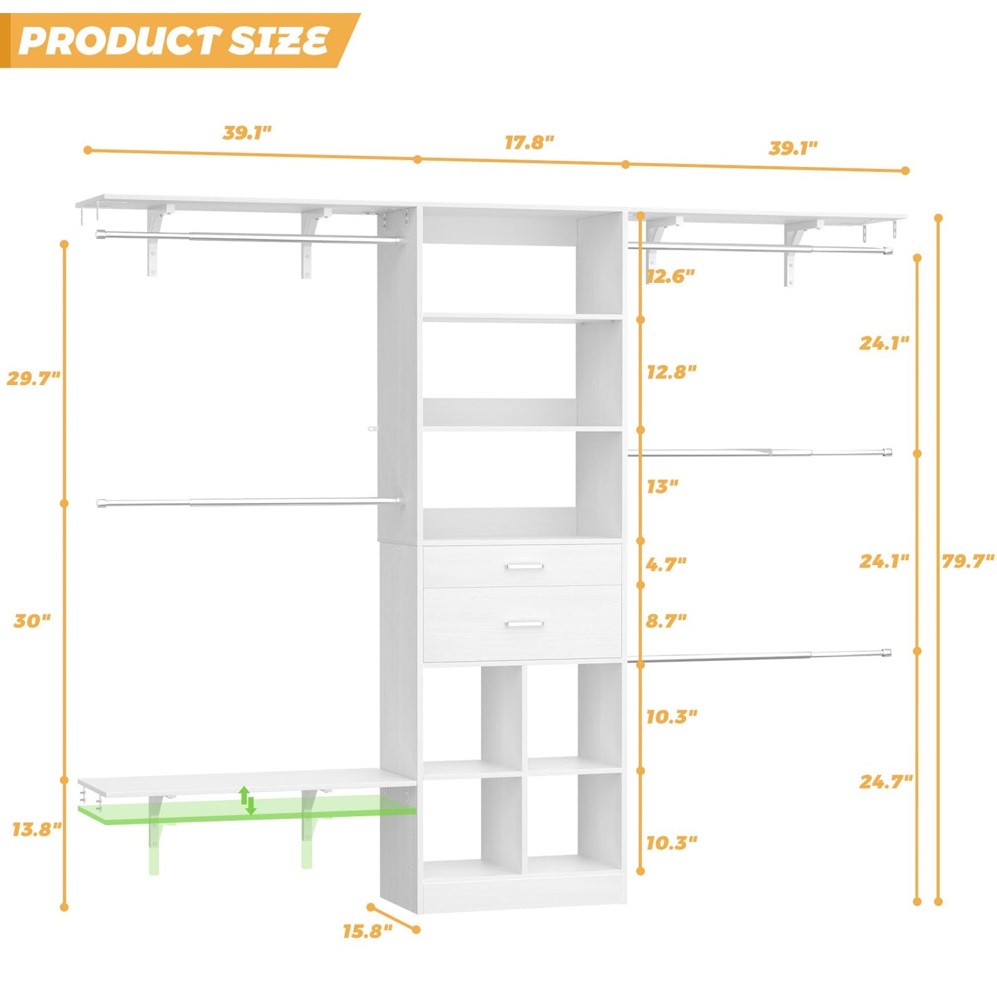 Besiost Closet System - 5-8FT Closet Organizer System with Wooden Drawers & Cube Storage Organizer, Up To 96" Closet Systems for Nursery & Walk-In Closets with Cuttable Hanging Shelving, White