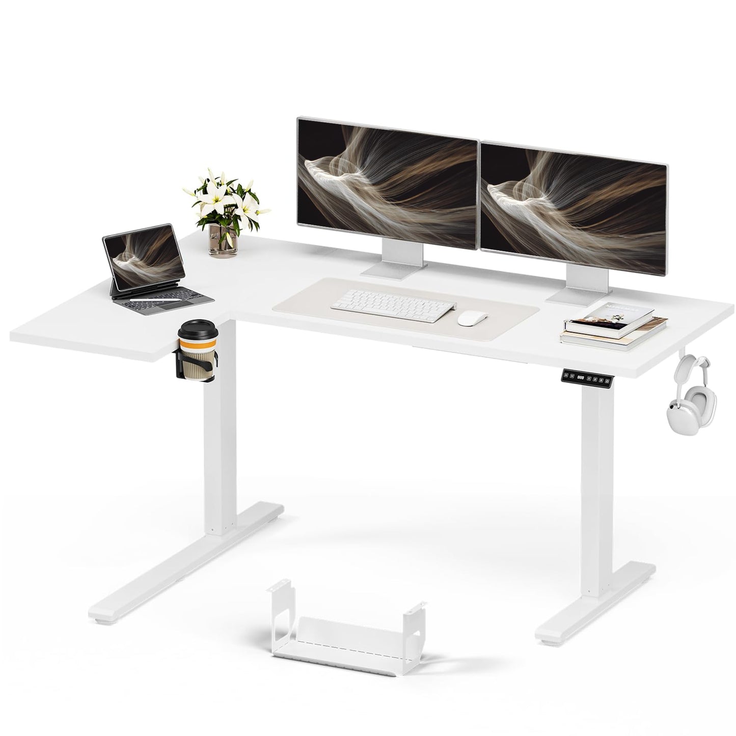 Muvai 59 Inch L Shaped Standing Desk Adjustable Height with Cable Management Tray,Gaming Electric Corner Standing Desk, Sit Stand Computer Table with Reversiable Splice Board,White