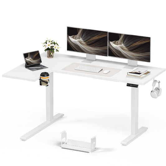 Muvai 59 Inch L Shaped Standing Desk Adjustable Height with Cable Management Tray,Gaming Electric Corner Standing Desk, Sit Stand Computer Table with Reversiable Splice Board,White