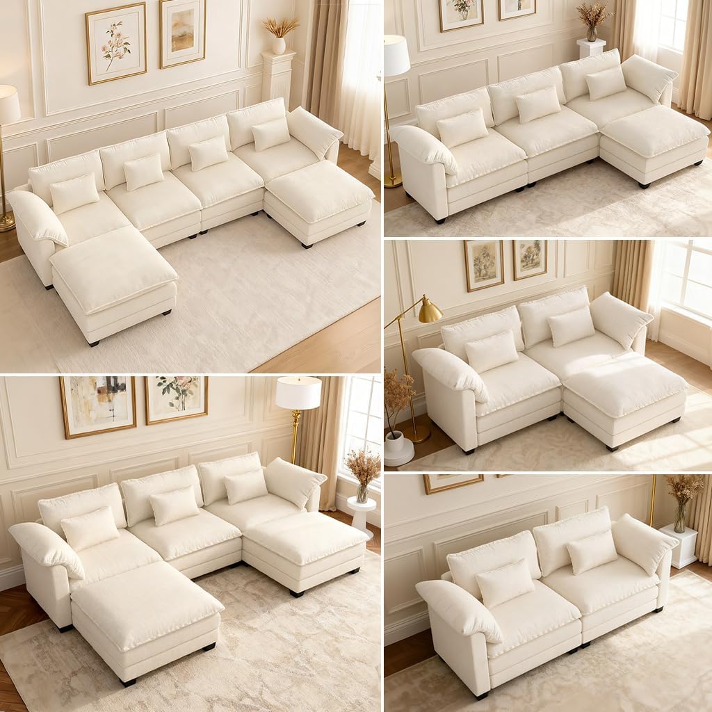COMHOMA 120" U Shaped Sectional Sofa with Movable 2 Ottomans,Comfy Cloud Modular Couch with Throw Pillows,Modern Chenille Deep Seat Sofa Couches for Living Room,Beige