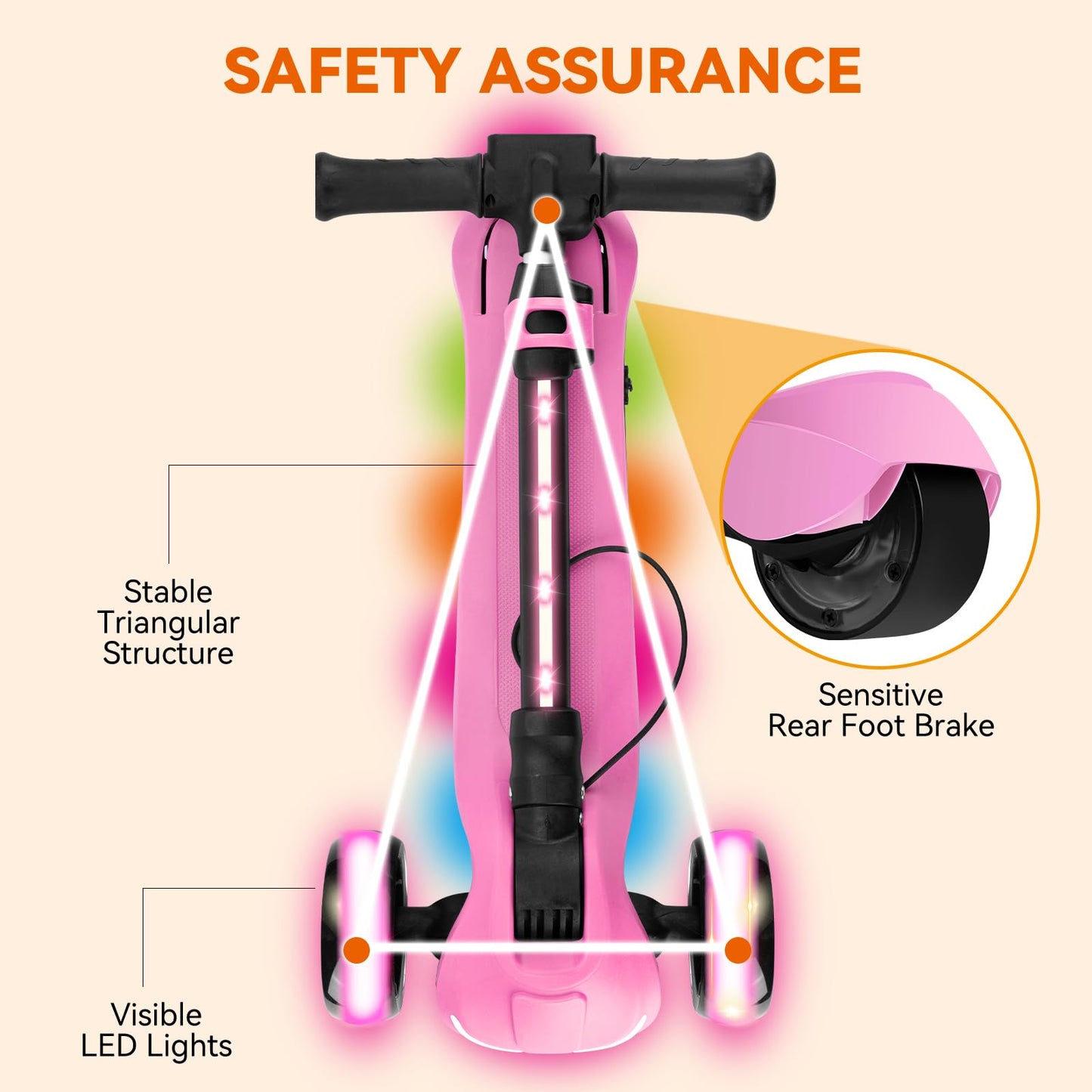 24V Electric Scooter for Kids w/150W Powerful Motor, Thumb Throttle, LCD Screen, Bluetooth, Light-Up Stem Deck & Wheels, 3 Adjustable Heights, 5MPH Safe Speed, 3 Wheel Electric Scooter for Kids, Pink