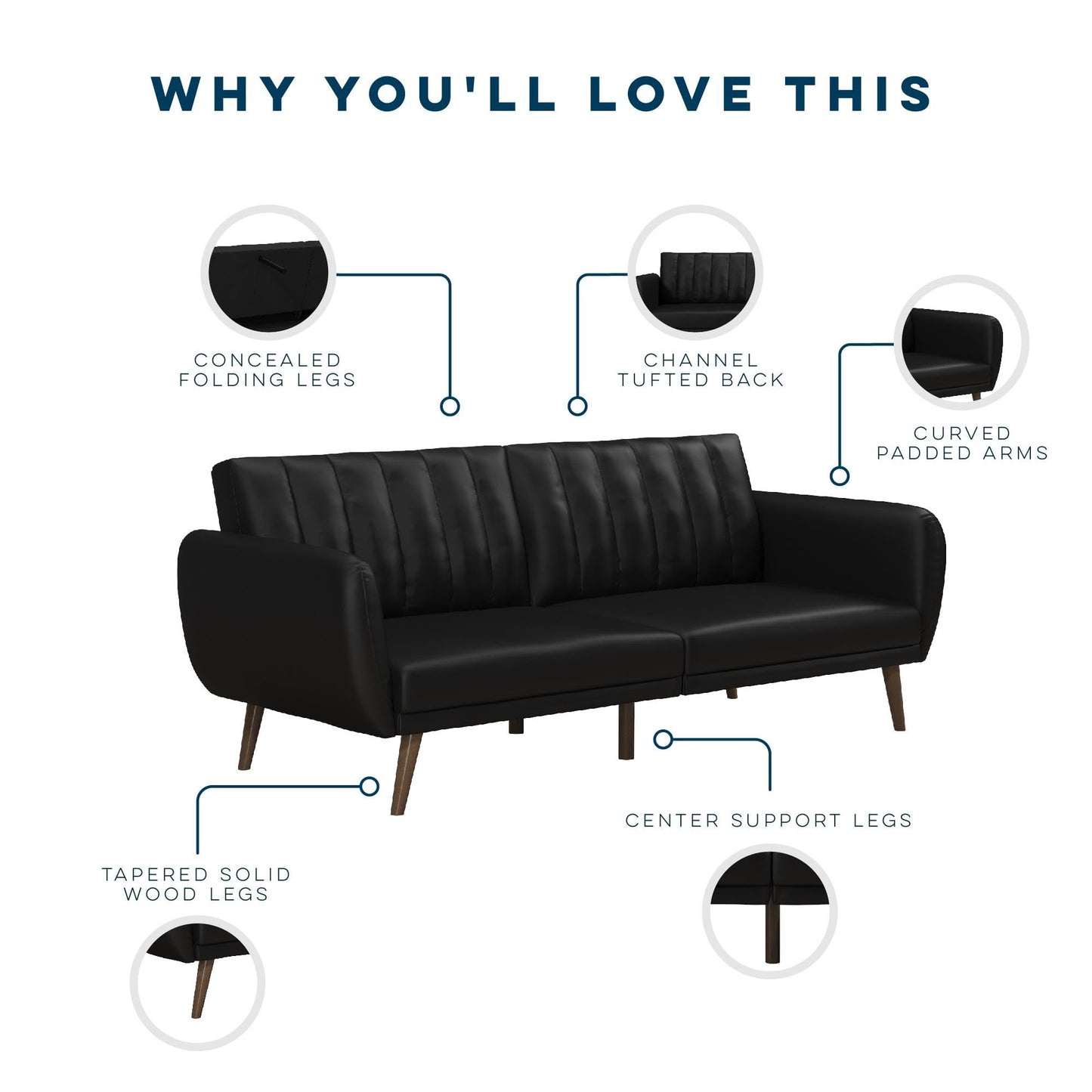 Novogratz Brittany 82 Inch Futon Sofa Bed in Faux Leather, Upholstered Couch Sleeper with Tufted Back, Mid-Century Modern Design, Black