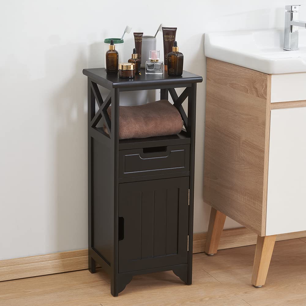 BECTSBEFF Assembled 30in Height Nightstand, Pre- Assembled Bathroom Floor Cabinet with Shelf and Storage Drawer, Black Tall End Table No Assembly Chest for Living Room Bedroom