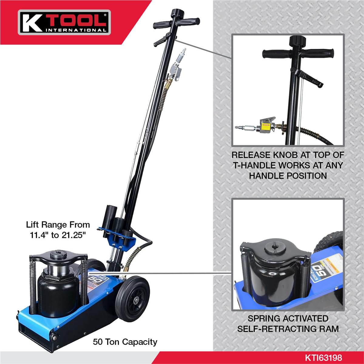 K Tool International 63198 50 Ton Automotive Air Truck Jack for Garages, Repair Shops, and DIY, 100,000 lbs. Capacity, Hydraulic Lift Range 11.4"- 21.25, Heavy Duty Steel, Built-in Bypass Valve, Blue