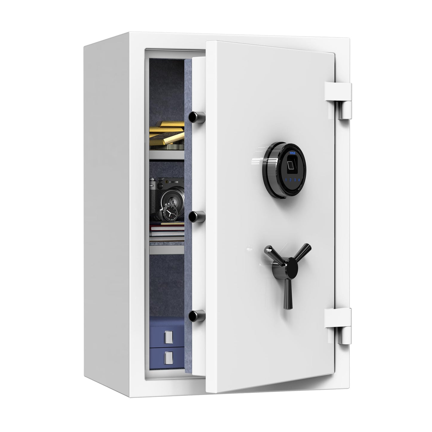 RPNB Deluxe Biometric Safe Box,Digital Fingerprint Fireproof Waterproof Safe with Touch Screen,Removable Shelf and 3 Spoke Handle,Home Safes for Cash Documents Jewelry,2.12 Cubic Feet,White