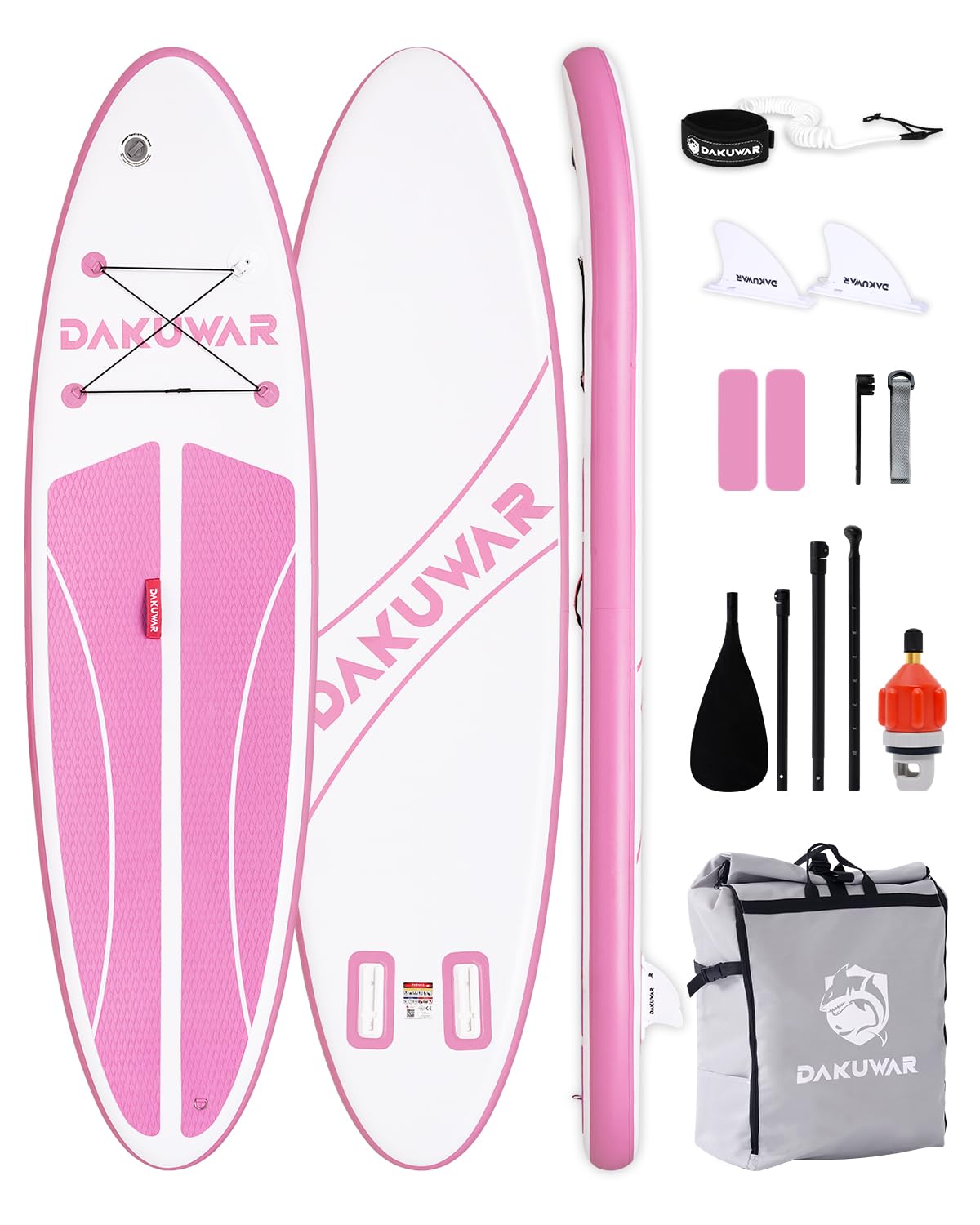 DAKUWAR Inflatable Paddle Board 10'x31.5''x6'' Folding Stand up Paddle Boards with SUP Accessories Valve Adaptor/2 fins/SUP Backpack/Ankle Leash/Repair Kit (Pink and White)