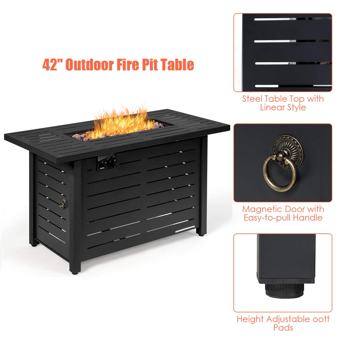 DORTALA 42'' Rectangular Propane Gas Fire Pit Table, 60,000 BTU Heater Outdoor Table W/Cover, Propane Heater, Burner Stove Fire Table for Outdoor Use, Black