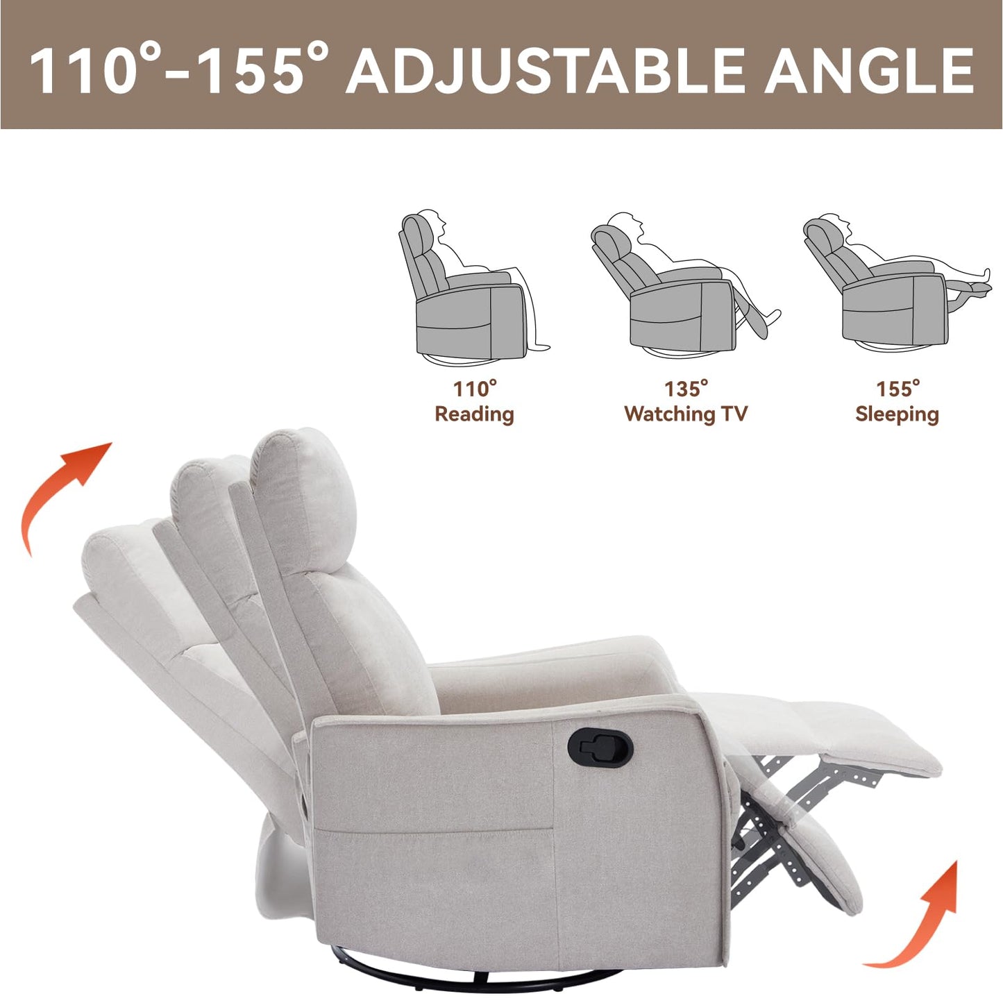 KEIKI 4-in-1 Manual Swivel Rocker Recliner Chair for Home Living Room, Polyester Chair with Back Massager & Heat, Home Theater Seating with Lumbar Support, Reading Lounge Chair for Old Money, Beige