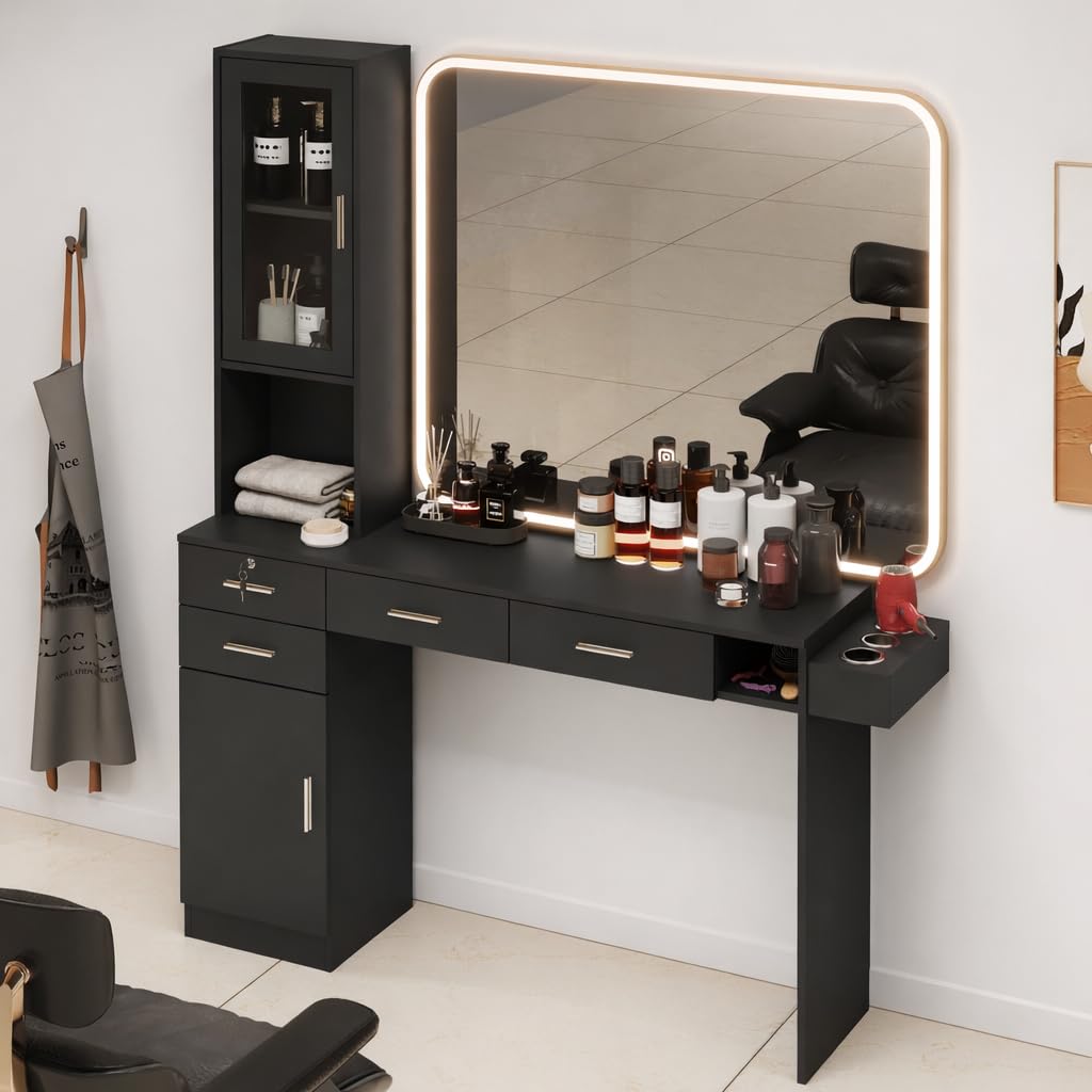 HolaiNail Salon Station for Hair Styling, Wall Mount Barber Salon Cabinet with 3 Hair Dryer Holders, Drawers & Shelves, Beauty Spa Storage Equipment Salon Furniture Without Mirror, Black