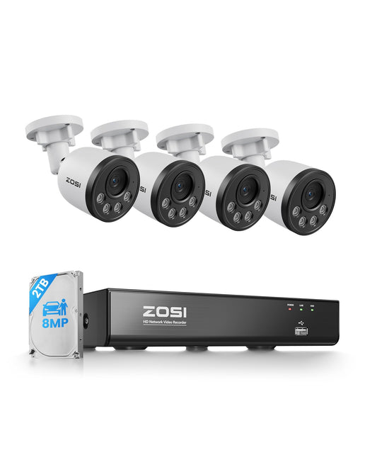ZOSI 4K PoE Security Camera System, 4pcs 8MP Indoor Outdoor Metal Cameras with Audio, Smart Person Vehicle Detection, People Counting, Night Vision, 8CH CCTV NVR with 2TB HDD for Home 24/7 Recording
