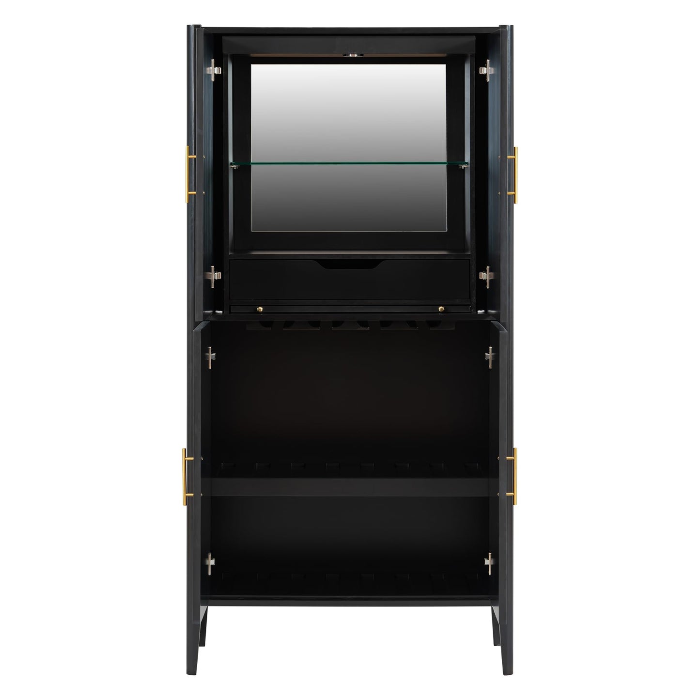 Merax Modern Fluted Wine Storage Cabinet with 4-Door & Stemware Rack, 70.9" Tall Pantry Cabinet with 1 Drawer & Adjustable Shelves & Glass Display, Freestanding Sideboard Bar Cabinet (Black)