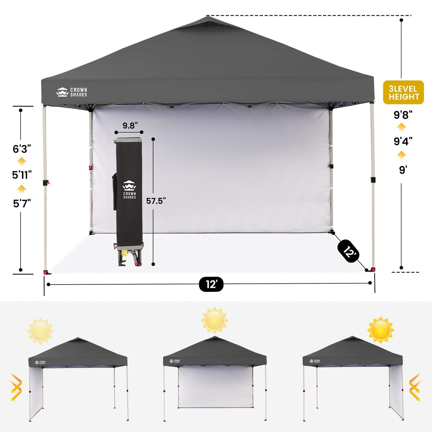 CROWN SHADES Pop Up Canopy with 1 Side Wall - Beach Tent with One Push Setup - Outdoor Sun Shade for Events, Parties, Camping - Gazebo with STO-N-Go Cover Bag, Grid Grey, 12x12FT