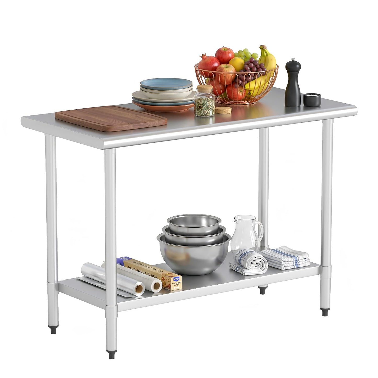 FDW Stainless Steel Work Table 24 x 48 Inches, Heavy Duty Commercial Food Prep Table with Adjustable Under Shelf, Metal Workbench for Restaurant, Kitchen, Garage, Home