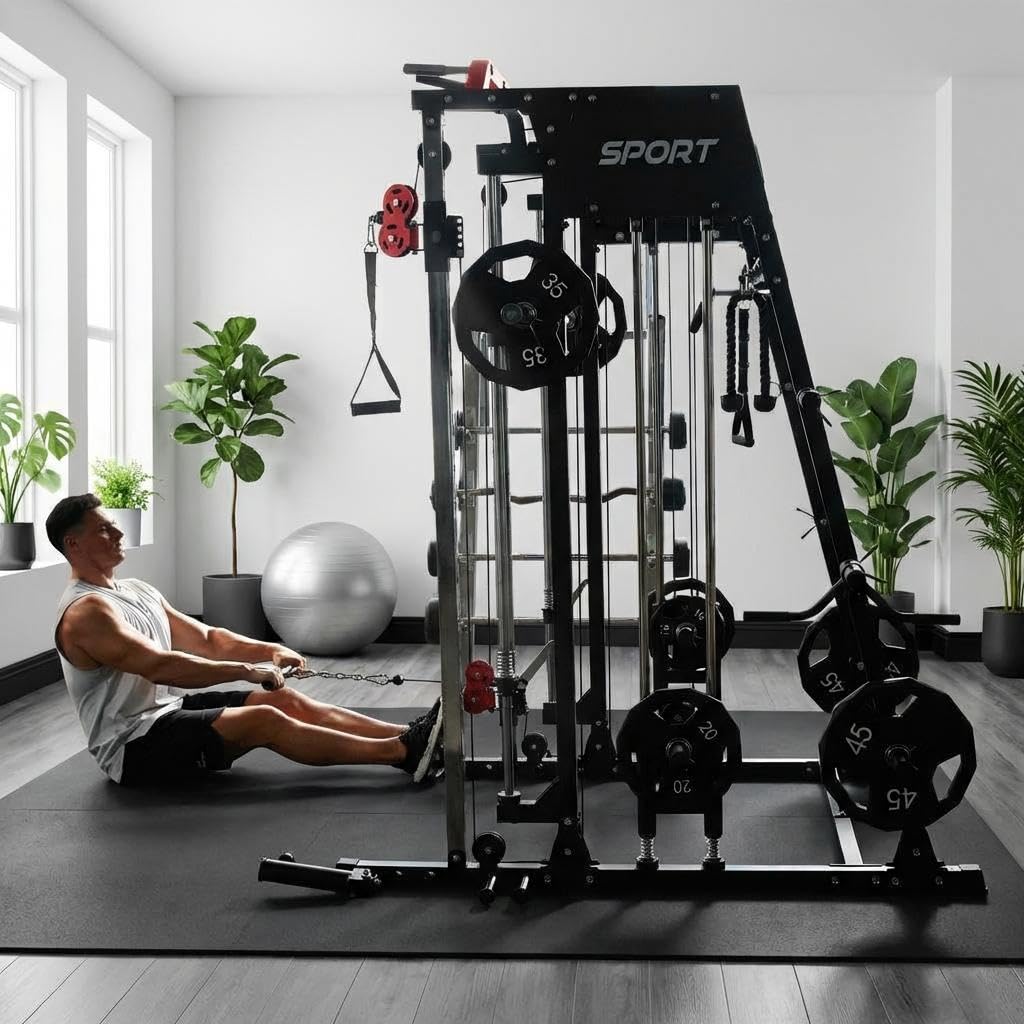Smith Machine Home Gym All-in-1, 2200LBS Power Cage with Dual Cable Pulley Systems, LAT Pull-Down & Leg Hold-Down | Complete Strength Training Equipment for Full Body Workouts