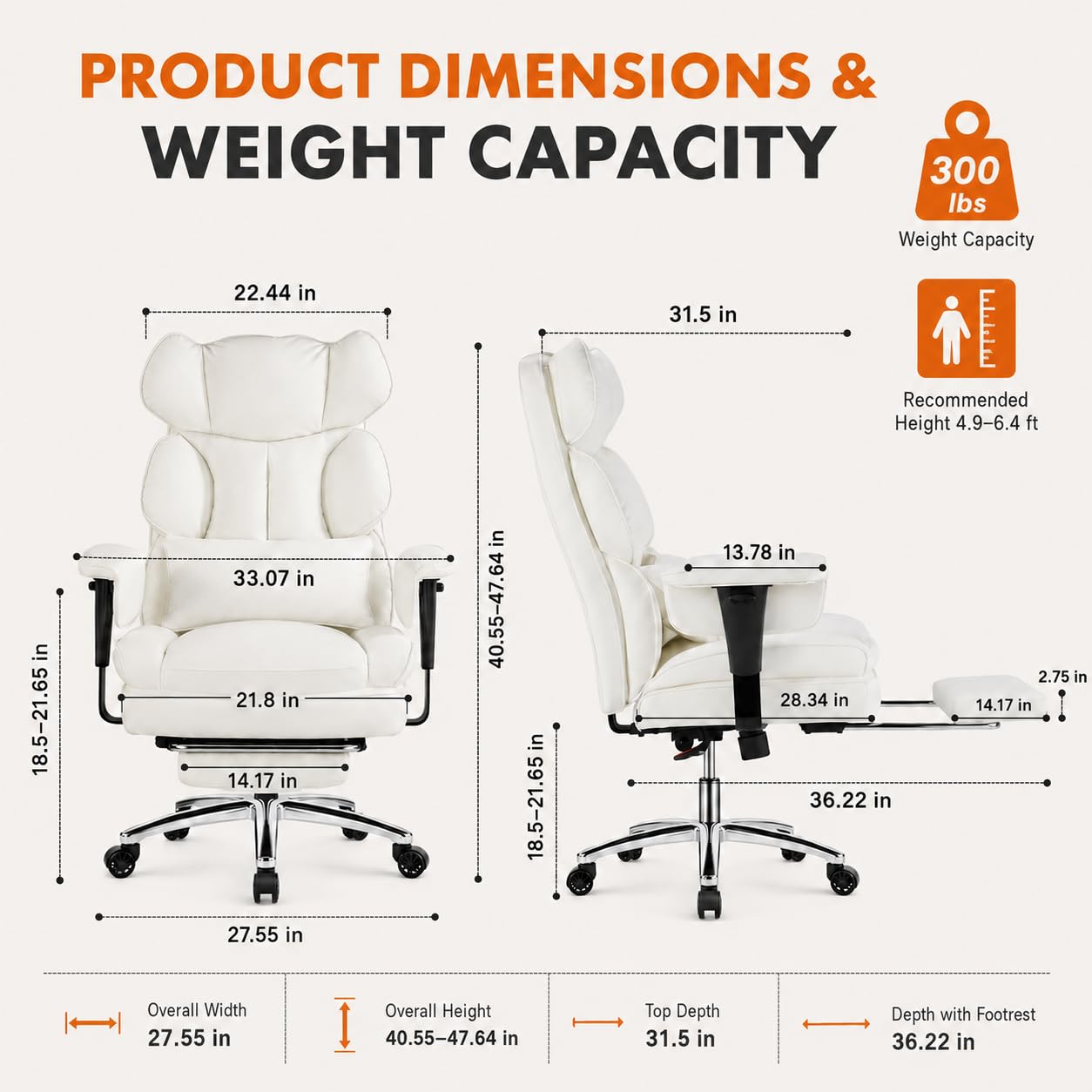 Big and Tall Ergonomic Office Chair with Footrest, Executive High Back PU Leather Desk Chair, Reclining Computer Chair with Adjustable Lumbar Support and Armrests, Swivel Rolling Gaming Chair, Beige