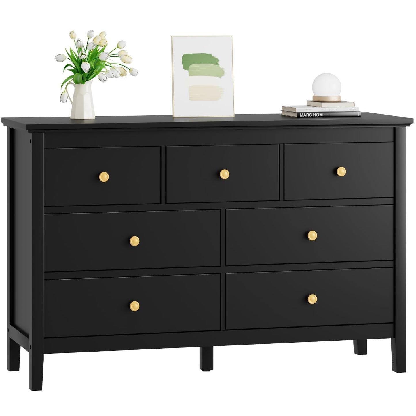 CARPETNAL 7 Drawers Dresser for Bedroom, Black Dressers & Chests of Drawers with Gold Handles and 7 Large Drawer, Modern Wooden Storage Organizer Cabinet for Hallyway, Entryway