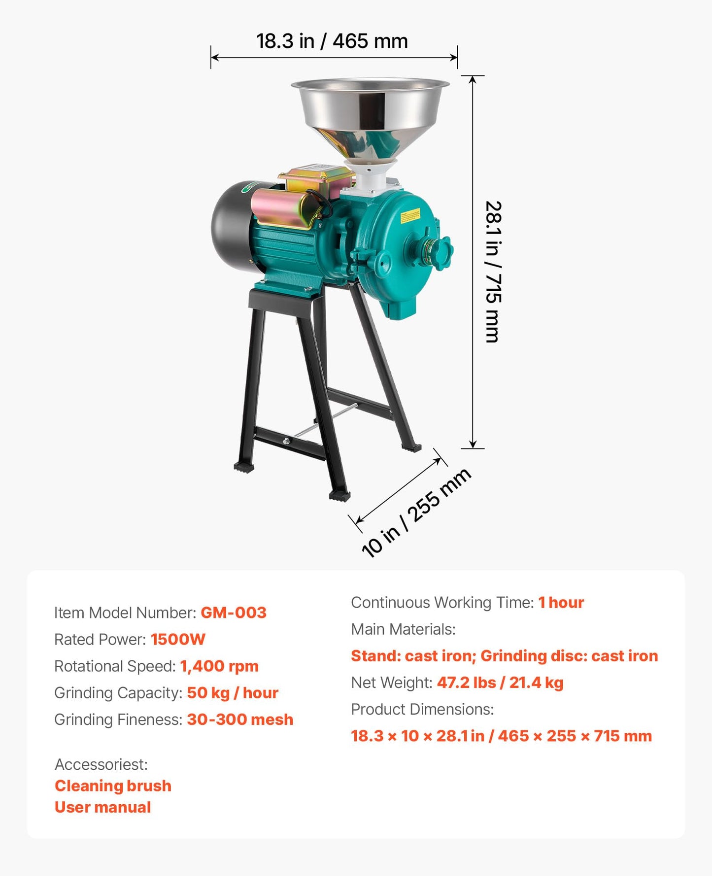 VEVOR Electric Grain Mill Grinder, Commercial Spice Grinders, 1500W Cast Iron Pulverizer Powder Machine with Non-Slip Rubber Feet, for Dry Grains, Spices, Cereals, Coffee, Corn & Pepper