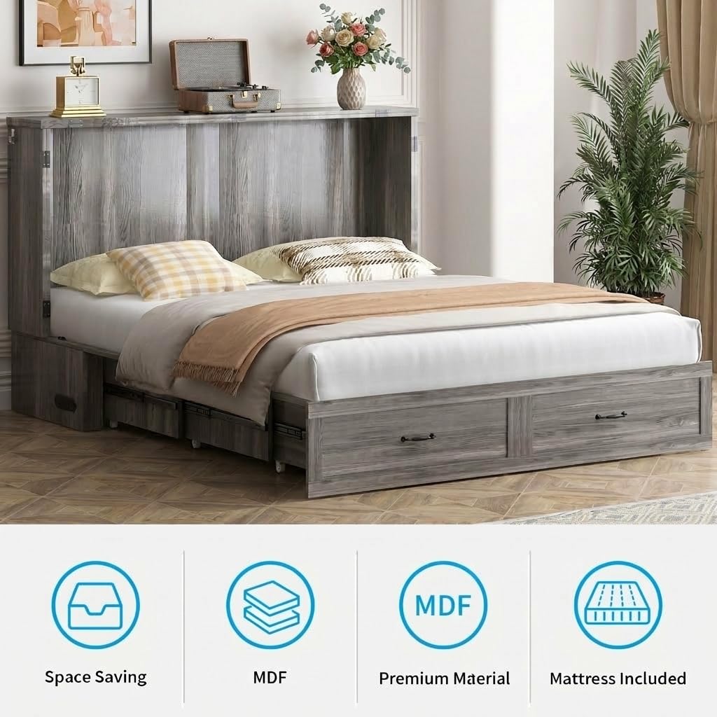 Mjkone Murphy Bed, Cabinet Beds Queen Size with Mattress Included, USB Charging Port, Drawer, Space Saving Queen Murphy Chest Bed, Hidden Cabinet Guest Wall Beds for Bedroom, Apartment, Grey