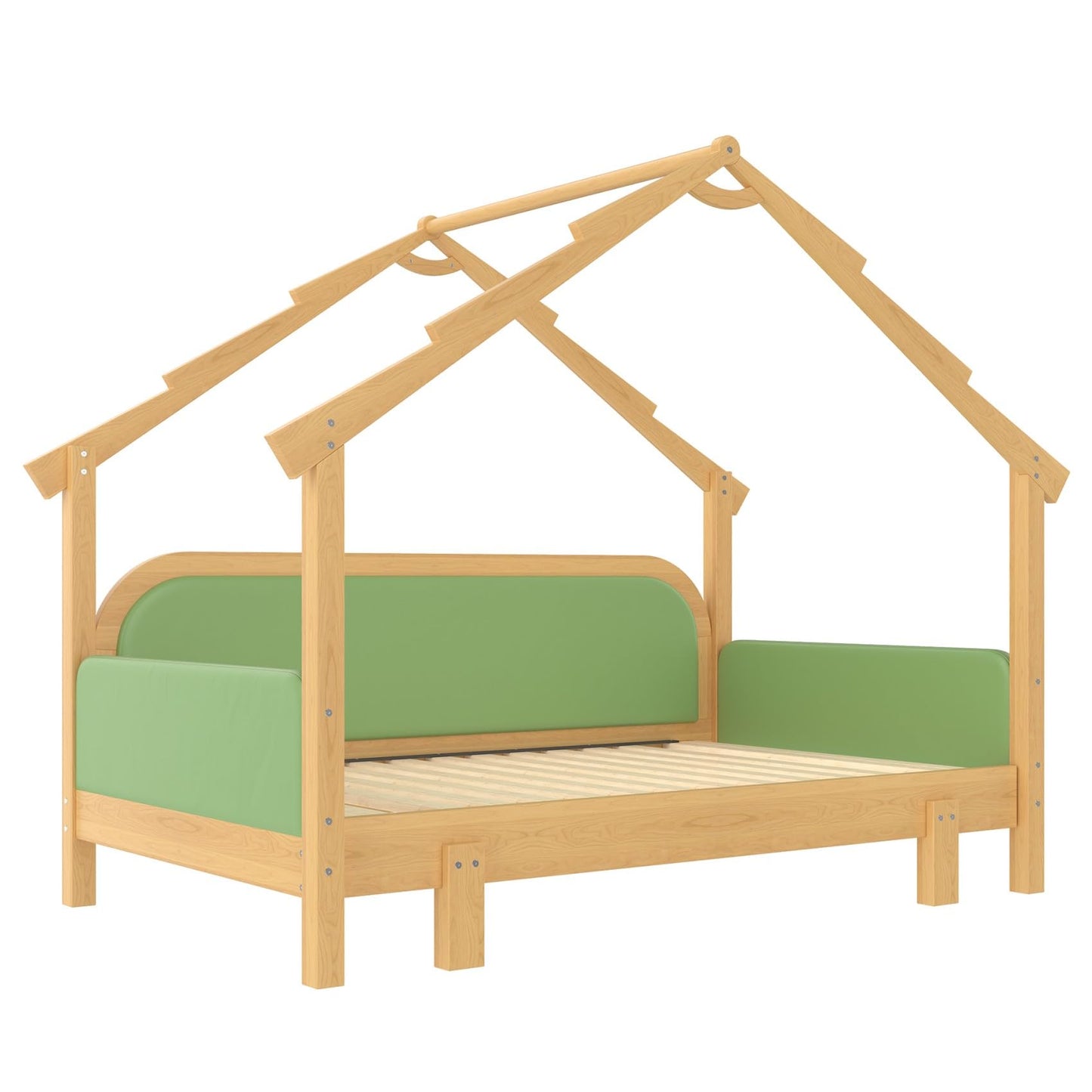 KEIKI Treehouse Extending Twin Size Bed Frames with Cushion Rails & Trundle, Upholstered Montessori Twin Daybed Bed Captain Platform for Kids Girls Boys Teens, No Box Spring Needed, Pine Solid Wood