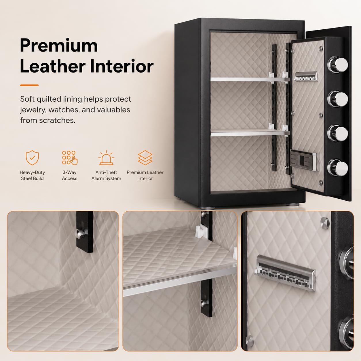 Kavey Safe Box, 23.62" Large Home Safe with Fireproof Waterproof Bag, Heavy Duty Security Safe with Backlit Touch Screen Keypad, 2 Adjustable Shelves, Leather Interior for Documents Home Office Hotel