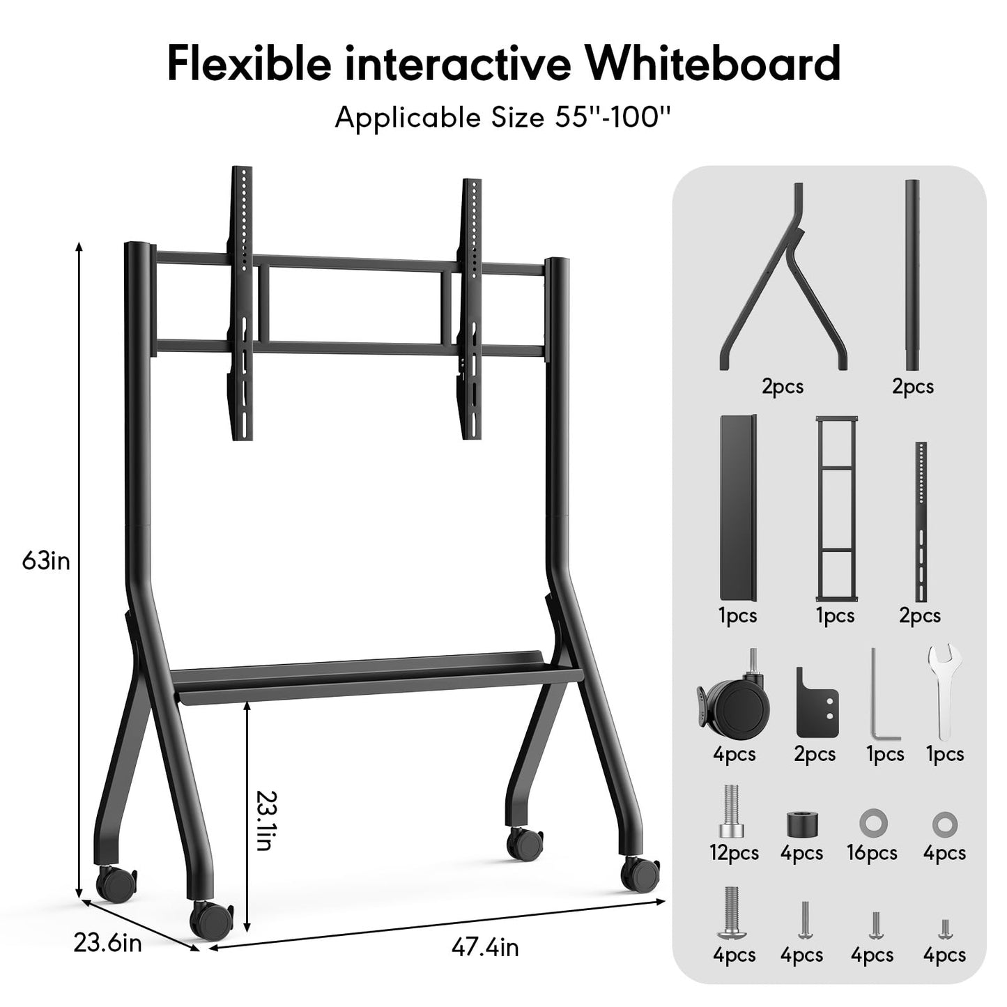 Smart Board Stand for 55-100 Inch Interactive Whiteboard, Height Adjustable Mobile Stand with 4 Lockable Rolling Wheels for Smartboard