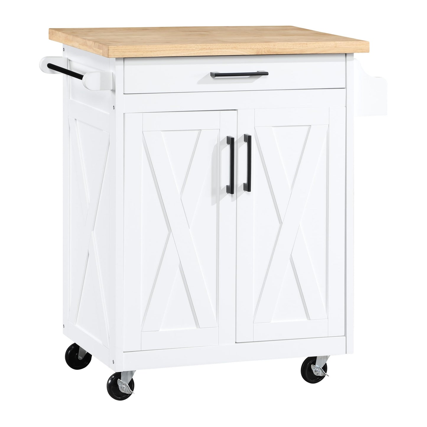 OSP Home Furnishings Bolten Farmhouse Kitchen Cart with Butcher Block Top, Rolling Island with Storage Cabinet and Drawer, 35.5H x 32W x 19D inches, White