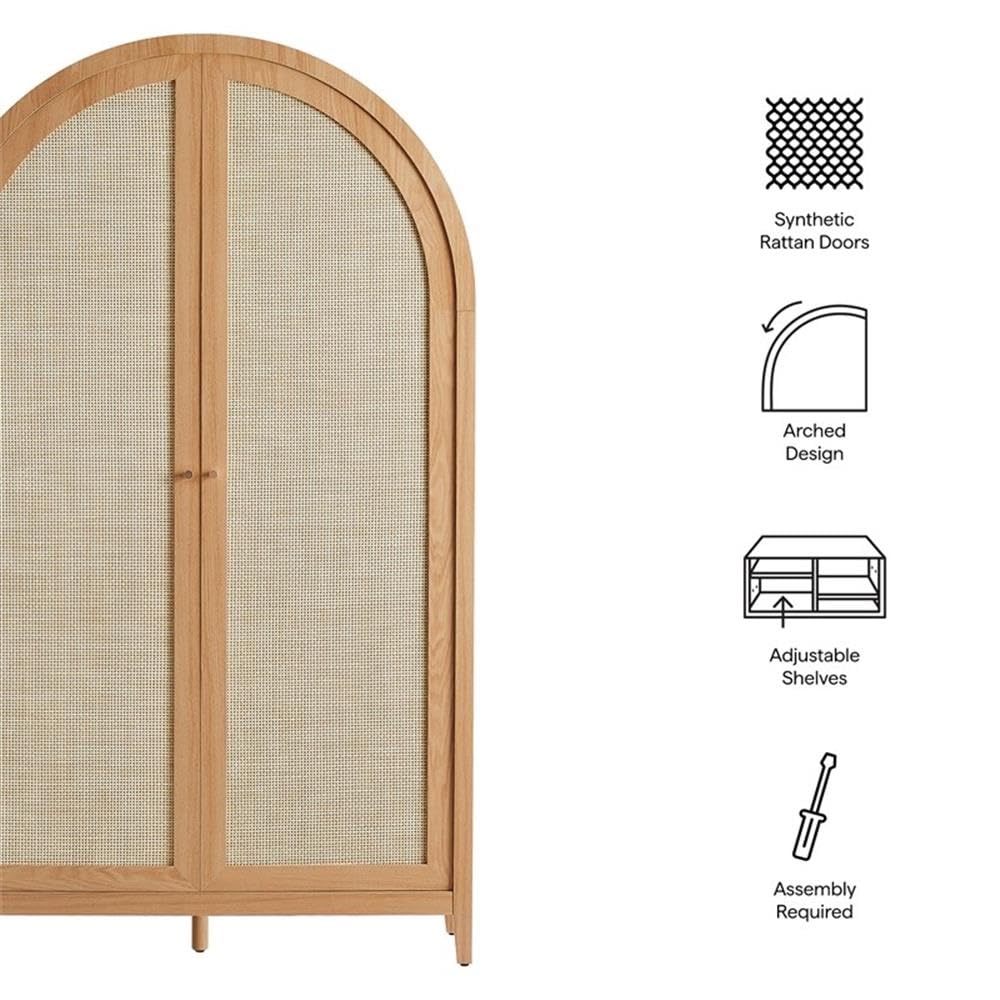 MAKLAINE 79" Tall Wide Arched Storage Cabinet, Synthetic Rattan Doors, Natural Wood Grain Finish, 2 Adjustable Shelves, Soft-Close Hinges, Durable Linen Cabinet for Office, Hallway, or Living Room