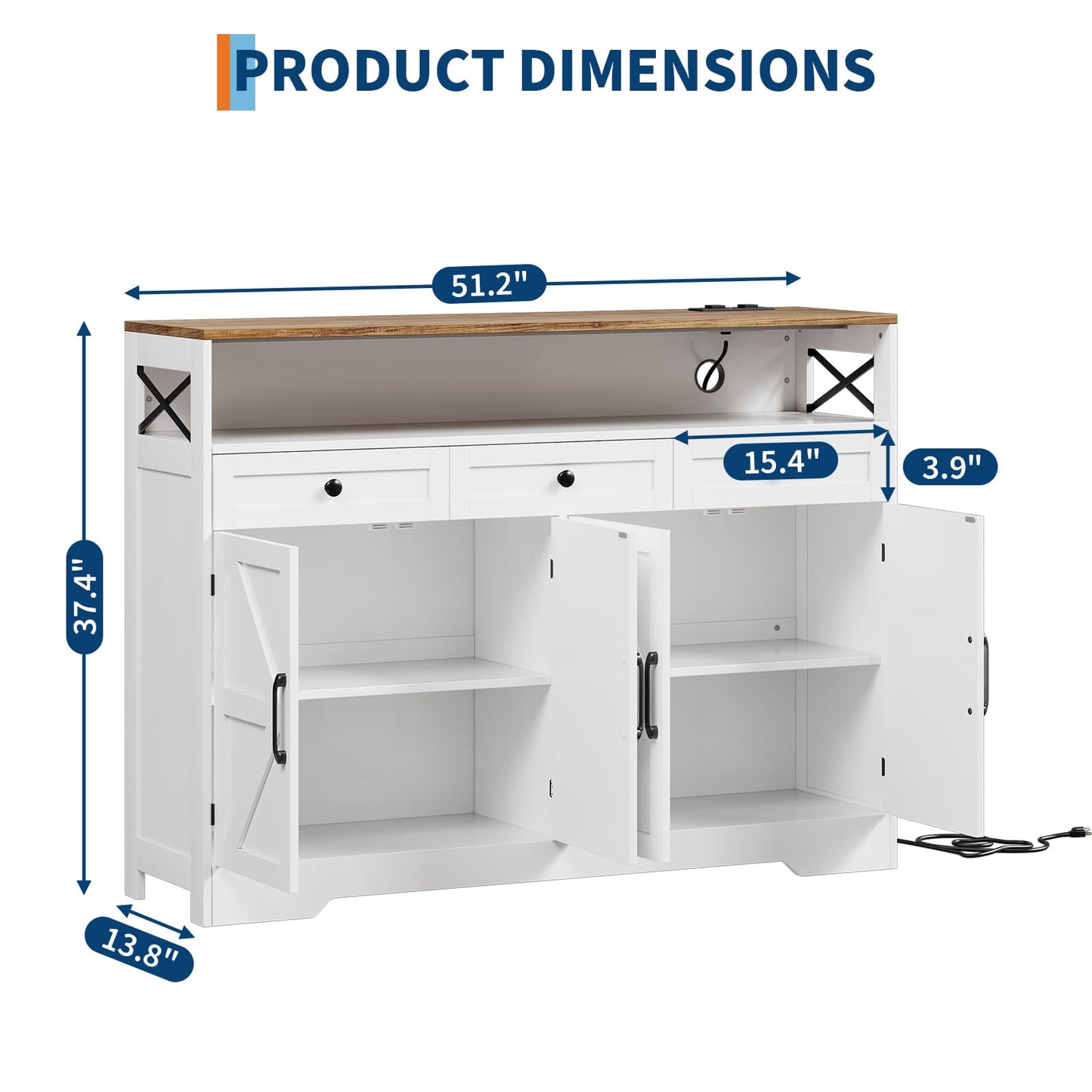 GarveeHome Farmhouse Buffet Cabinet with Storage, Open Shelf & Charging Station, 51" Kitchen Hutch Pantry Cabinet Sideboard Coffee Bar Station with 4 Barn Doors & 3 Drawers for Kitchen, Dining Room