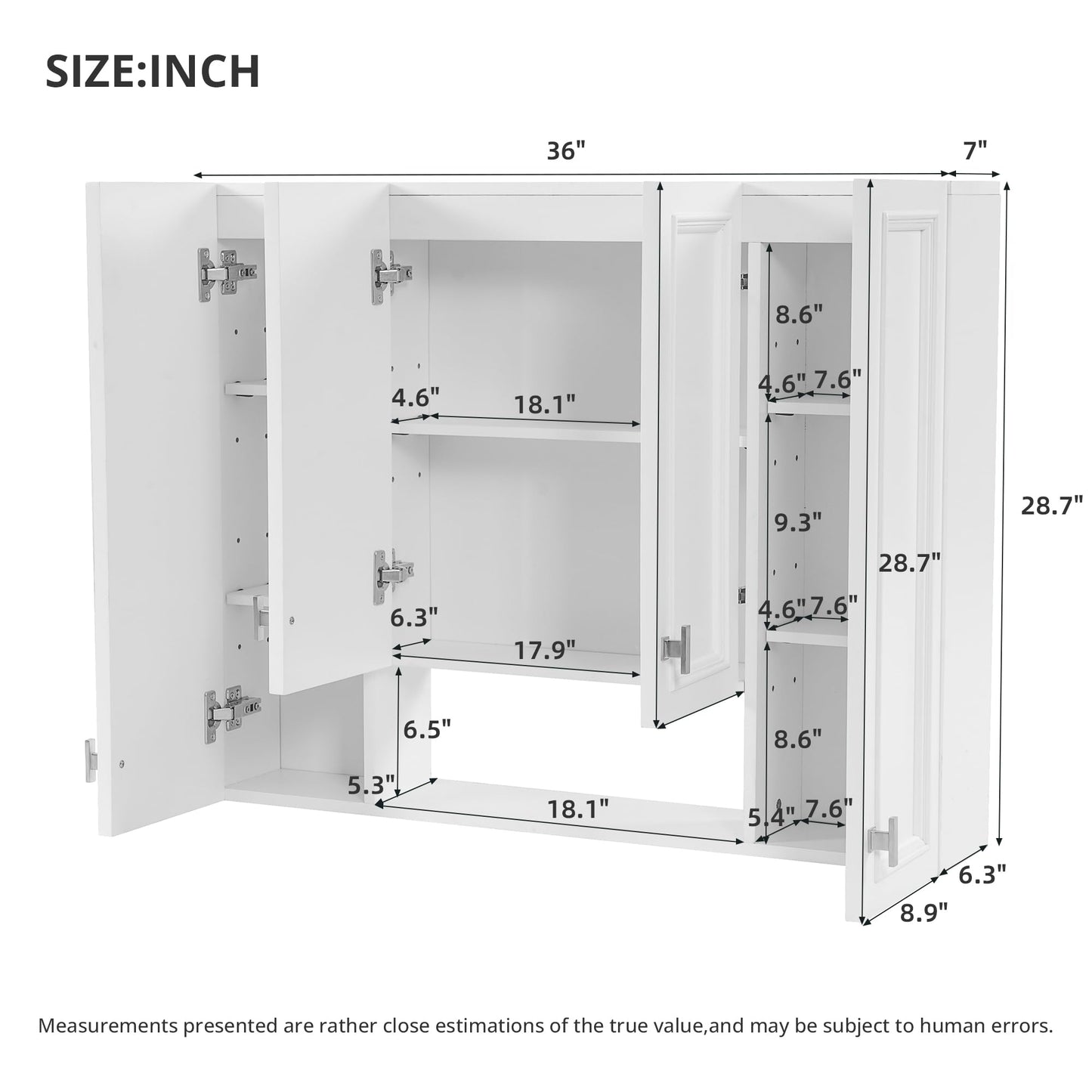 Virubi 36 Inch Bathroom Medicine Cabinet with Doors, Wall Mounted Storage Organizer with Open Shelf, Over The Toilet Wall Cabinet with Smooth Painted Finish, Metal Handle