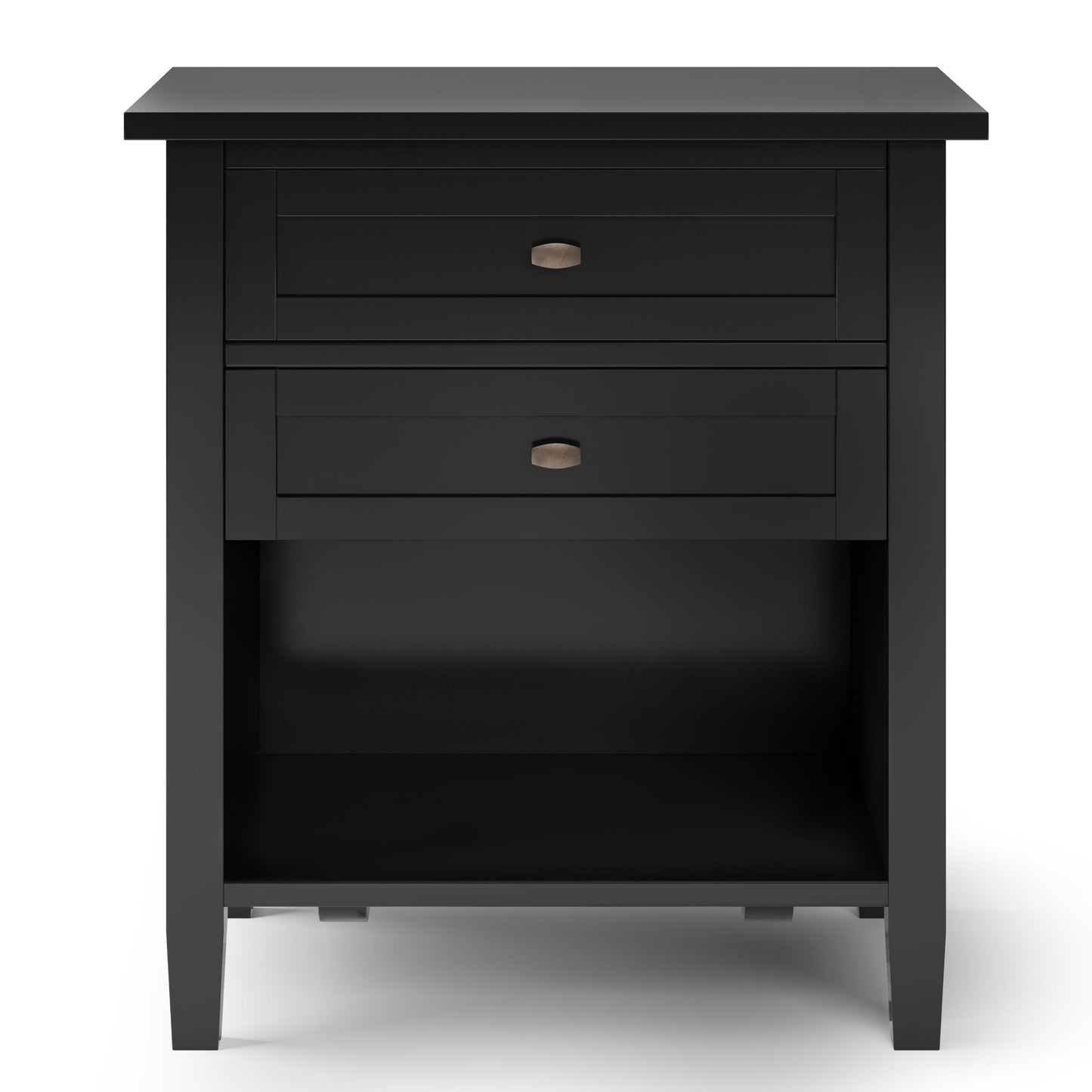 SIMPLIHOME Warm Shaker Bedside Table - 24 inch Wide Solid Wood Nightstand in Black, Transitional Bedroom Side or End Table with 2 Drawers, Open Shelf Storage and Bronze Hardware