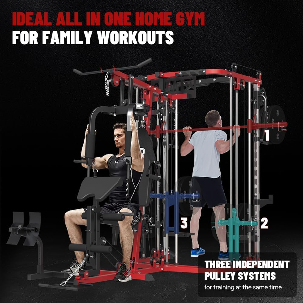 FAGUS H All in One Home Gym System Workout Station with Weight Bench, Multi-Function Smithe Machine Power Cage with Cable Crossover, Tripe-Sided Independent Load Posts Functional Trainer, Black & Red