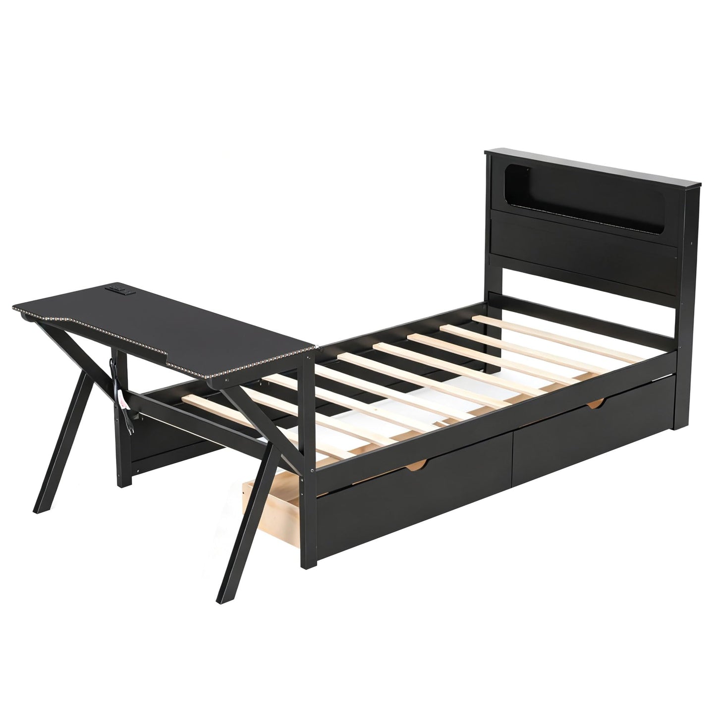 Merax Twin Size Gaming Platform Bed with LED Headboard and LED Desk, Wooden Corner Bed with USB and Two Storage Drawers