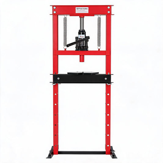 12T Hydraulic Press, Heavy Duty H-Frame Garage Floor Hydraulic Shop Press with 2 Press Plates, Adjustable Working Table Height, for Auto Repair, Red