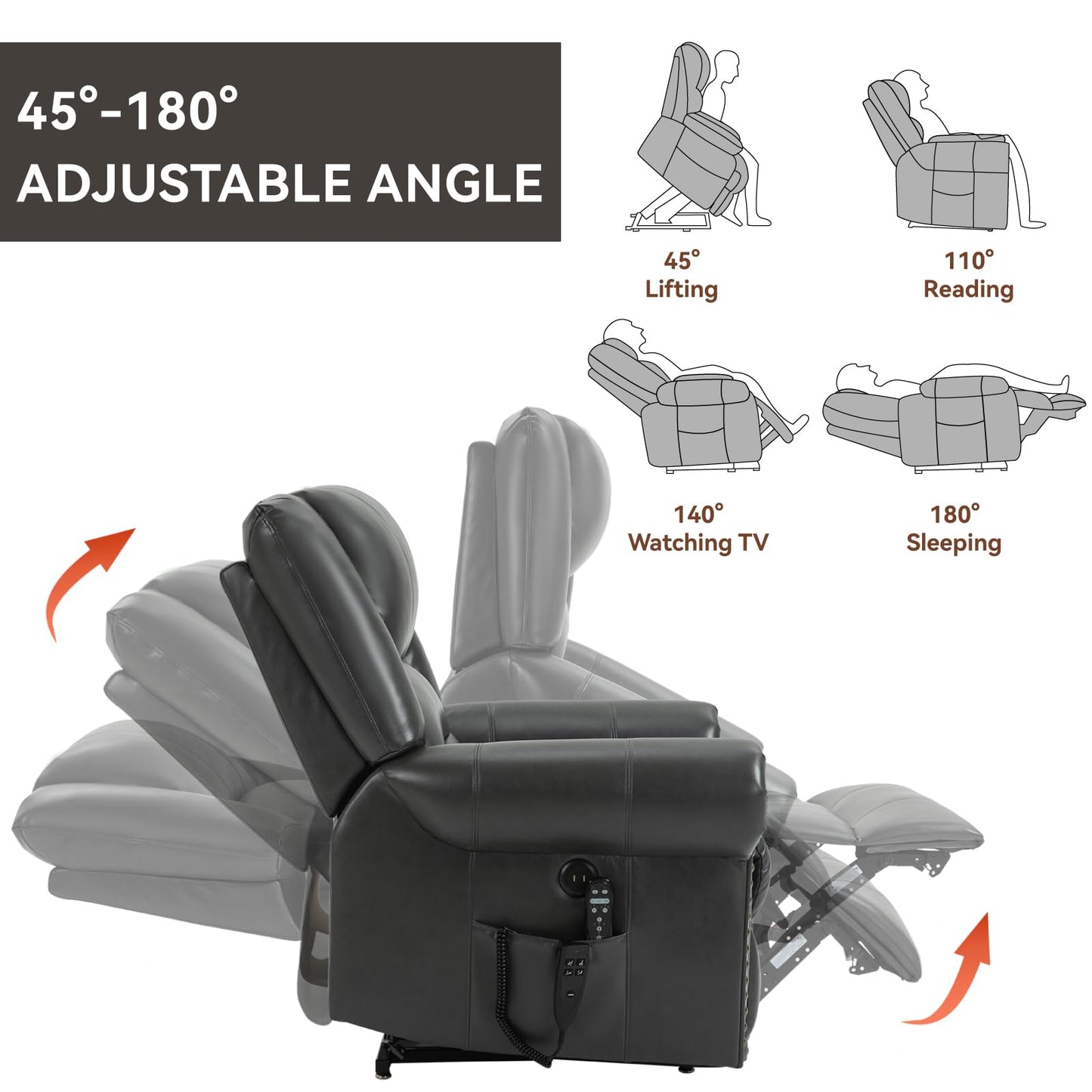 KEIKI Oversized Power Lift Recliner Rocking Chair for Adults, Faux Leather Mid Century Modern Accent Chair with Back Message & Heat USB Port, Adjustable Home Theater Seating for Living Room, Grey