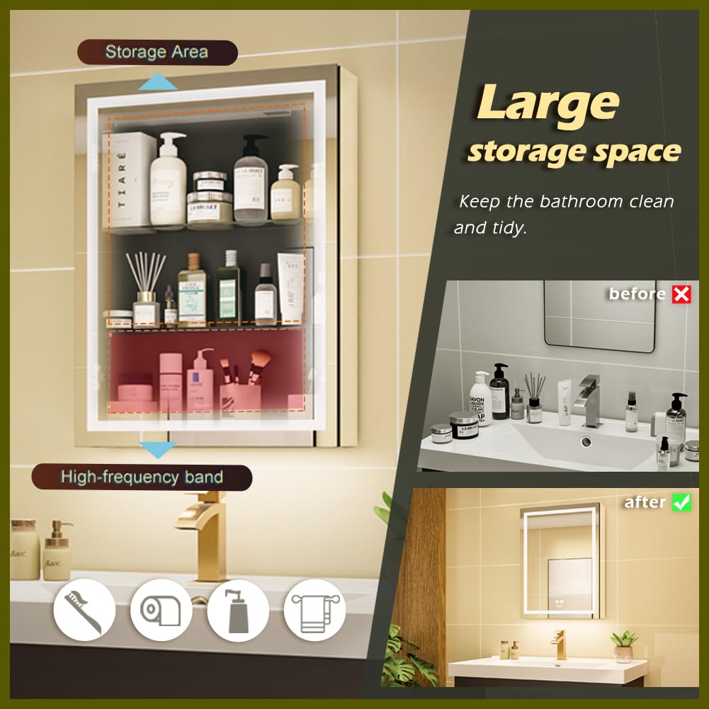 GANPE LED Lighted Bathroom Medicine Mirror Cabinet with Sockets & USBs, Anti-Fog Dimmable Light and Color Adjustment, Easy to Install Aluminum Cabinet (20 * 28 Right Hinge)