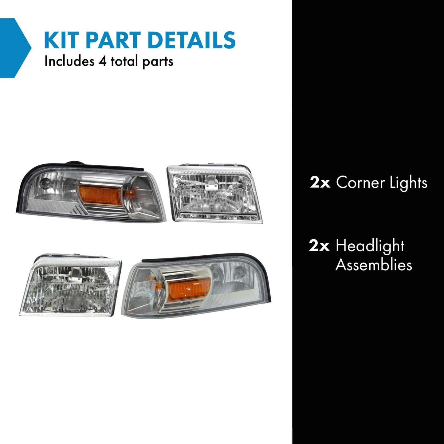 TRQ Headlight and Corner Light Kit for 2006-2011 Mercury Grand Marquis, Model LKA87341, Driver & Passenger Side