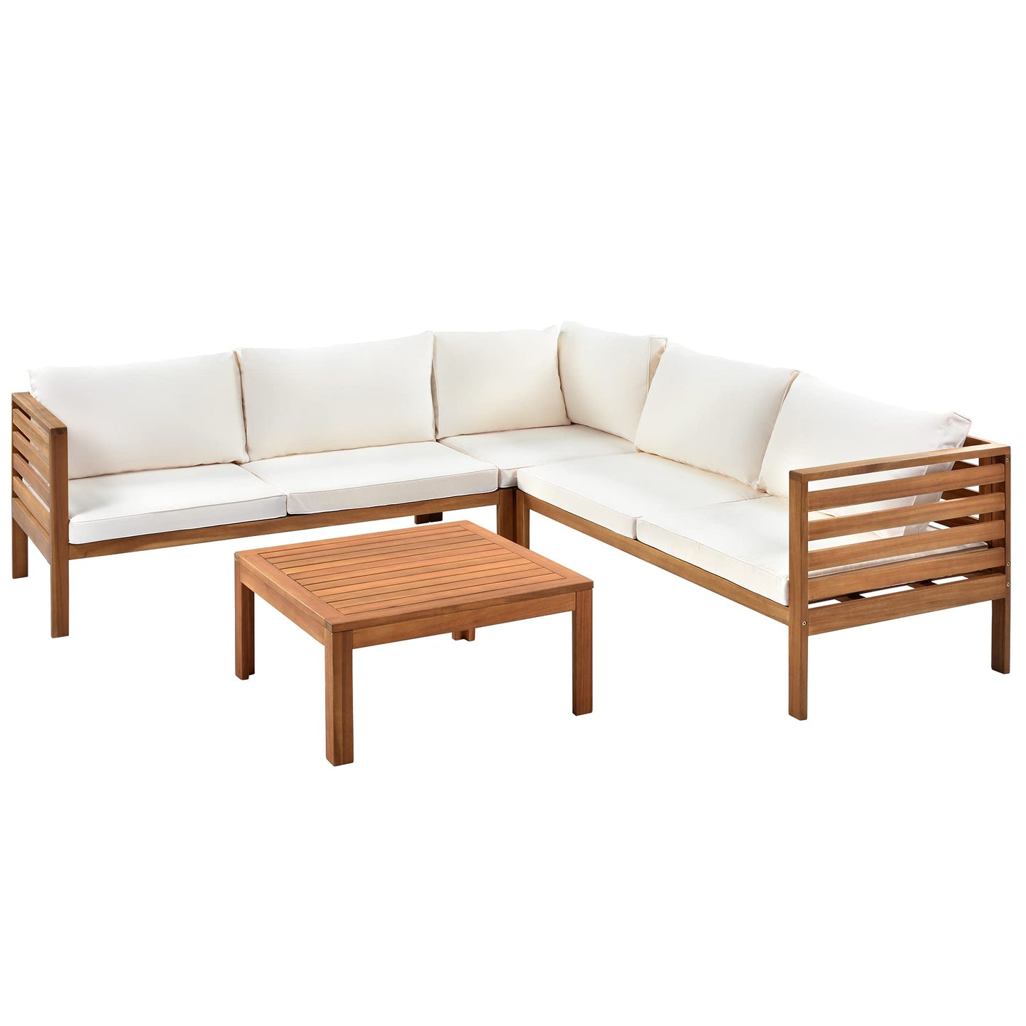 Wood Outdoor Sofa Set with Beige Cushions, Japanese Style Acacia Wood Frame, Water-Resistant UV-Protected Seats, Strong Metal Accessories, Flexible Modular Sectional for Garden Gazebo Patio