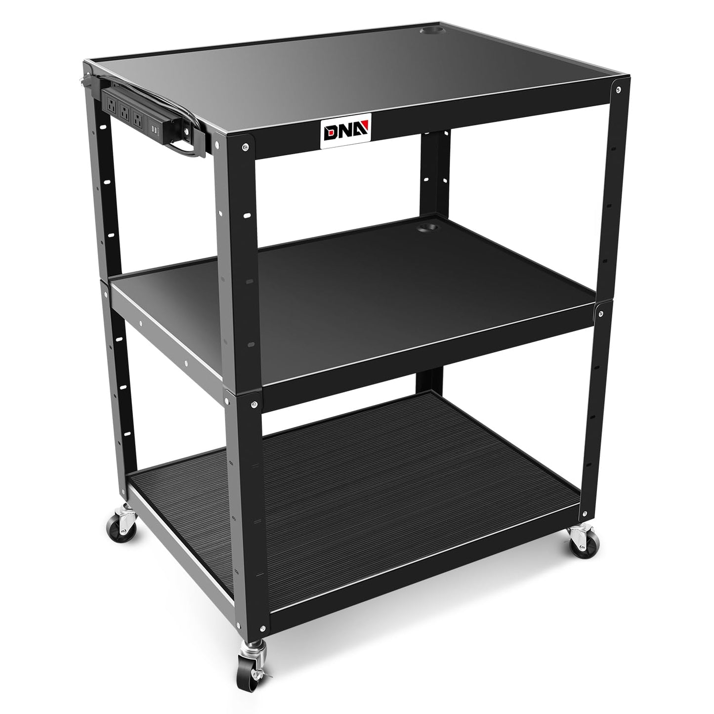DNA Motoring 3-Layer Utility Steel AV Cart with Wheels Power Strip, 35" x 25" x 24"-42" Height Adjustable Rolling Projector Cart,TOOLS-00137