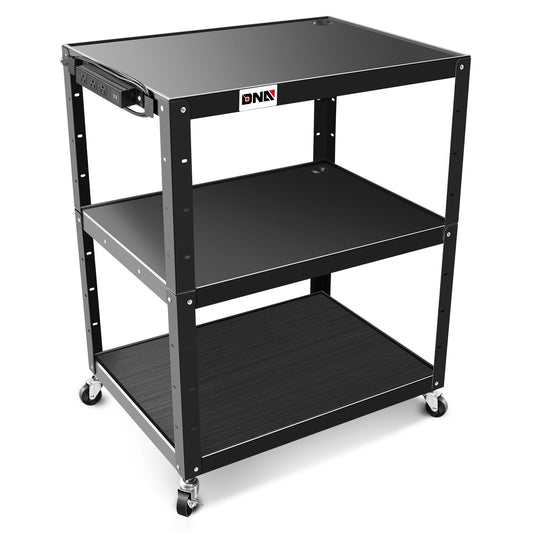 DNA Motoring 3-Layer Utility Steel AV Cart with Wheels Power Strip, 35" x 25" x 24"-42" Height Adjustable Rolling Projector Cart,TOOLS-00137