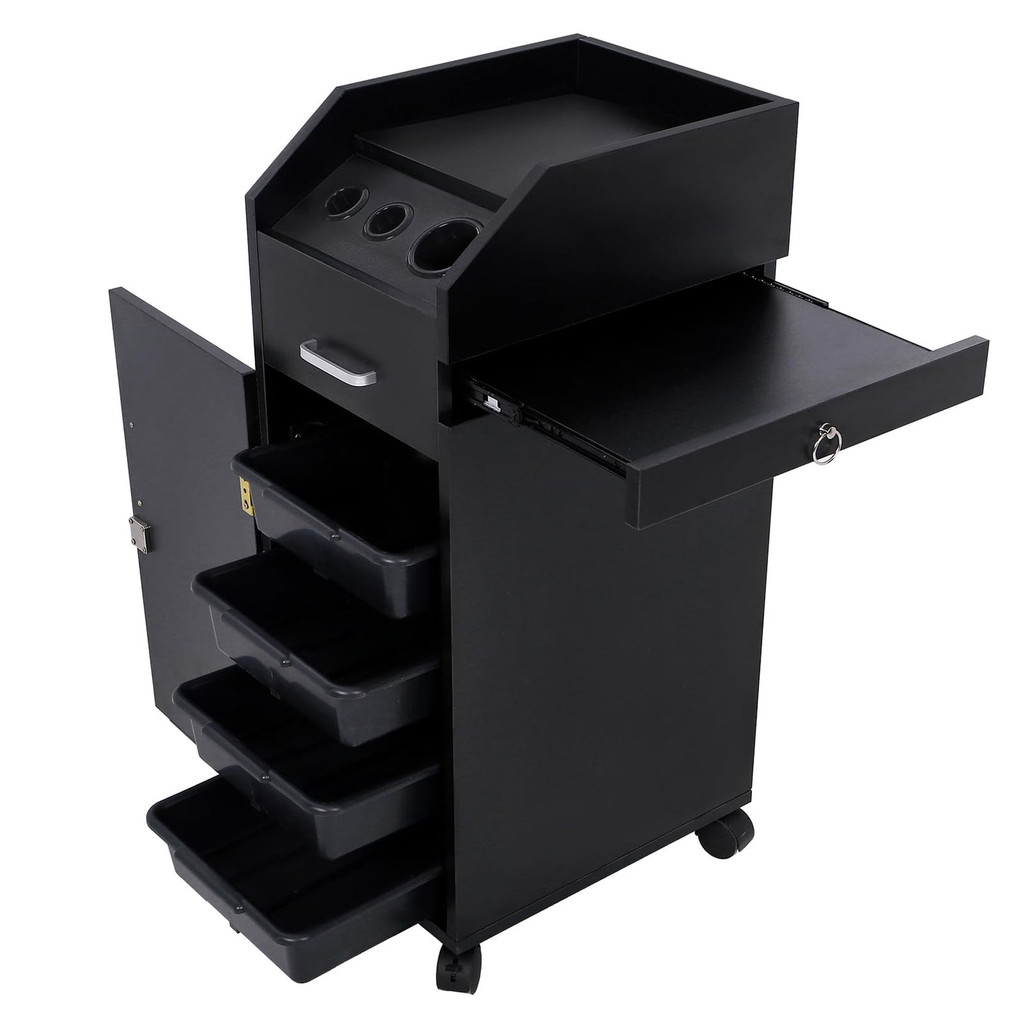 Salon Cart for Hair Stylists, Lockable Wood Trolley Cart on Wheels, 4-Drawer Storage Cabinet, Hair Dryer Holders, Rolling Salon Station for Beauty Spa Barber Tattoo,Beauty Salon Trolley Storage Cart