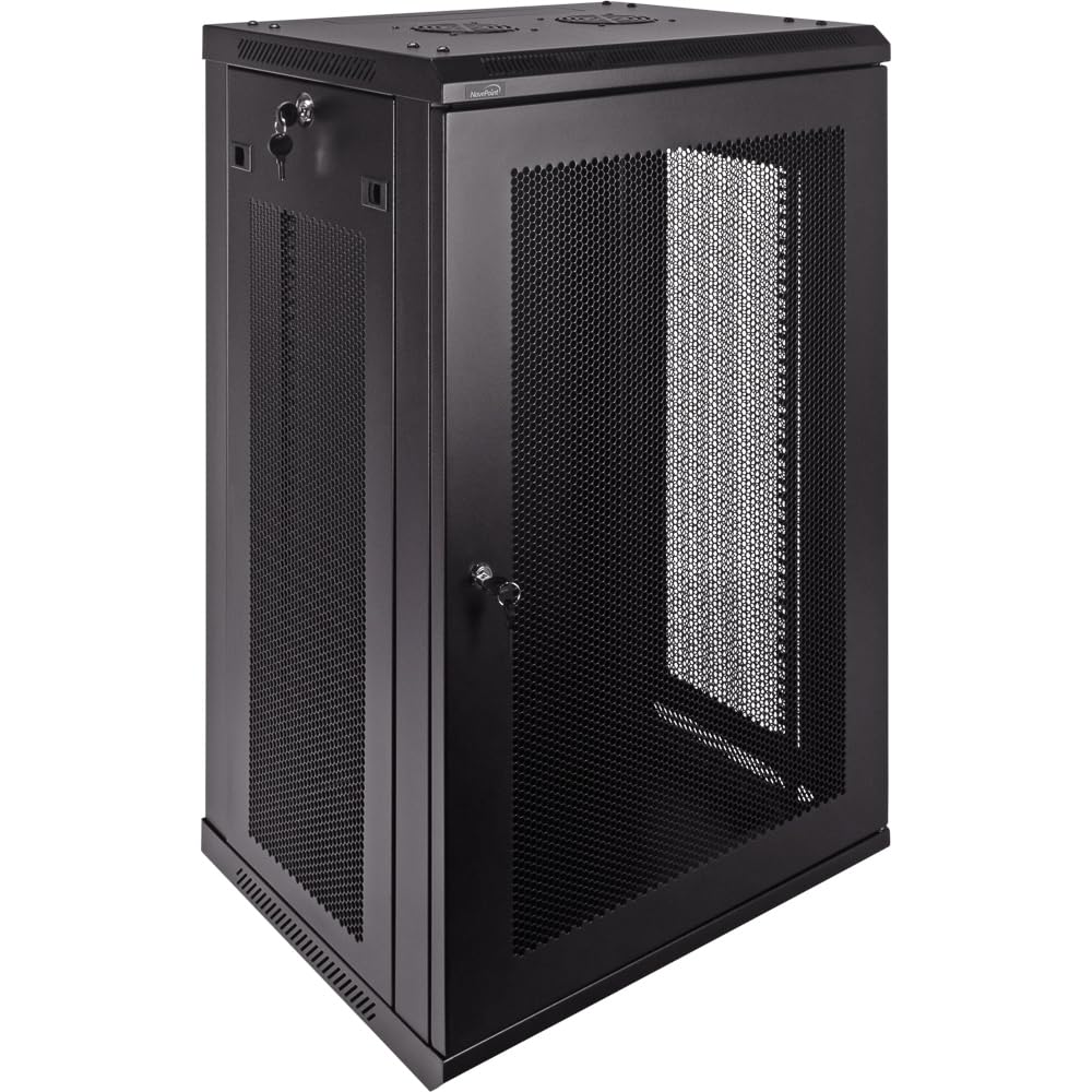 NavePoint 18U Server Rack Enclosure - 17.7” Deep, Wall Mount Network Cabinet with Locking Perforated Door, 19” IT Equipment Compatible, Network Rack, Removable Side Panels, Black